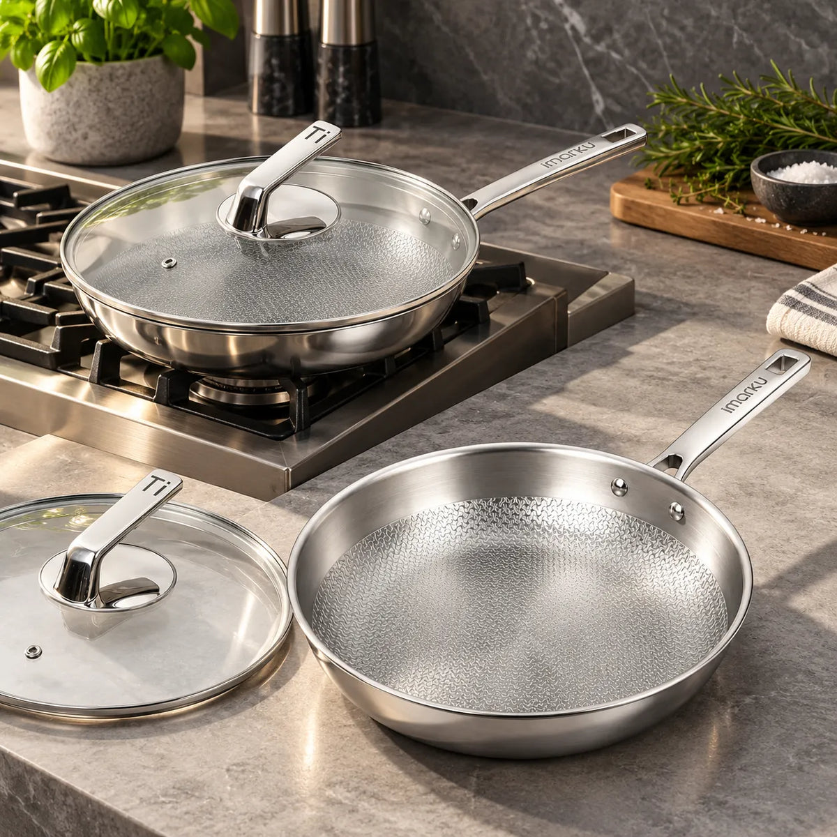 Imarku Titanium Nonstick Frying Pans with Lids | 8", 10", 12"