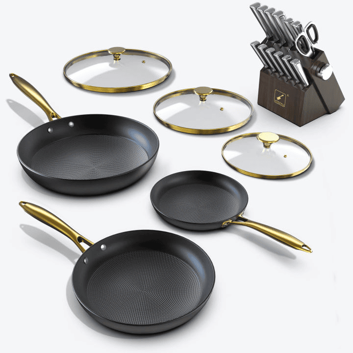 pans with lids and black knife block set