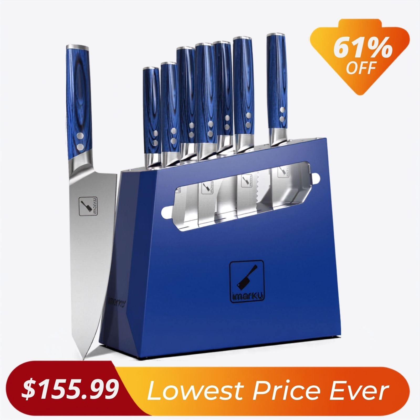 blue knife set with block