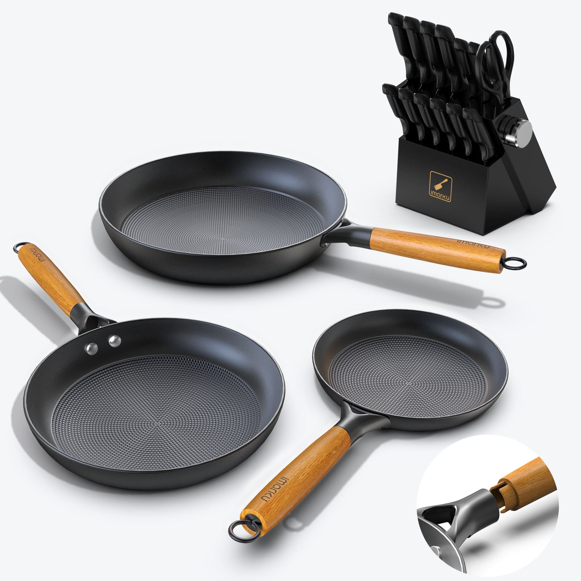 Dishwasher Safe Knife Set and Wooden Handle Cast Iron Skillets Bundle - IMARKU