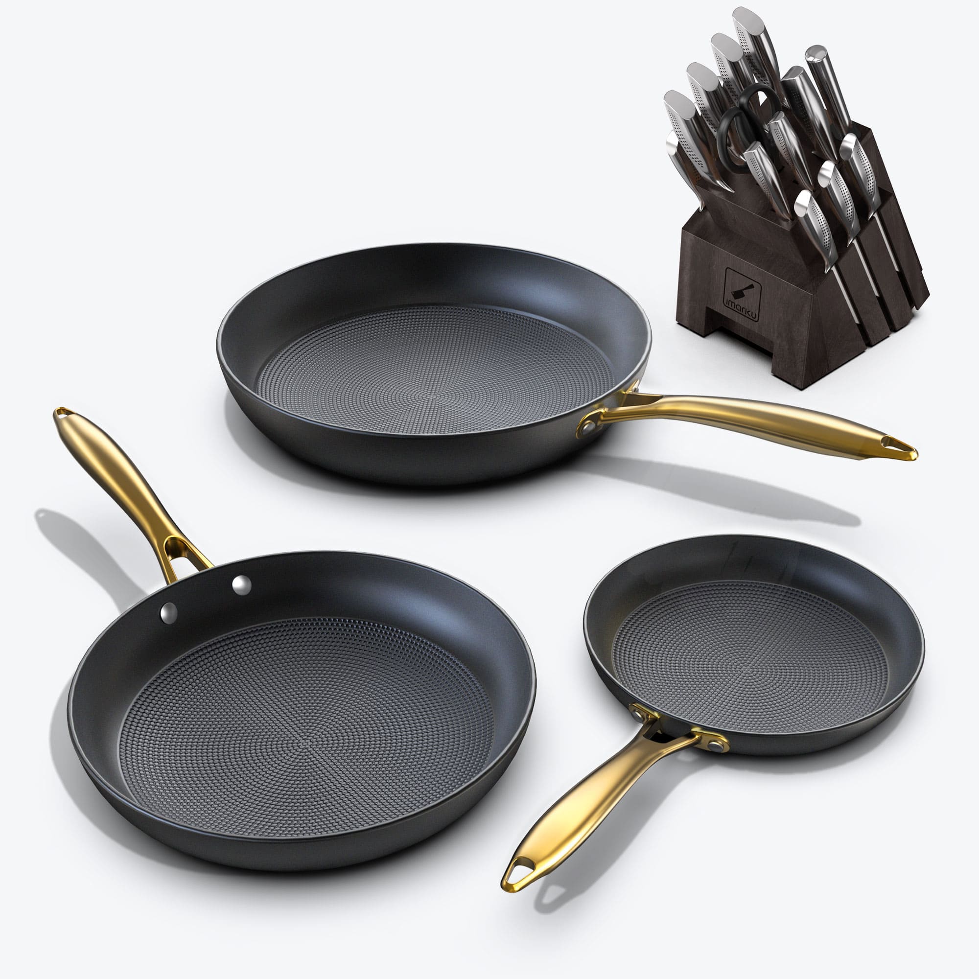 Frying Pan Set with Golden Handle & Ultra Sharp Knife Set - IMARKU