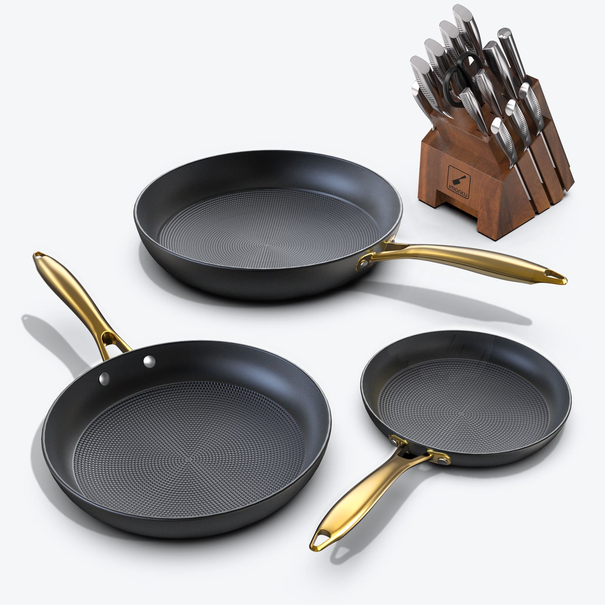 Frying Pan Set with Golden Handle & Ultra Sharp Knife Set - IMARKU