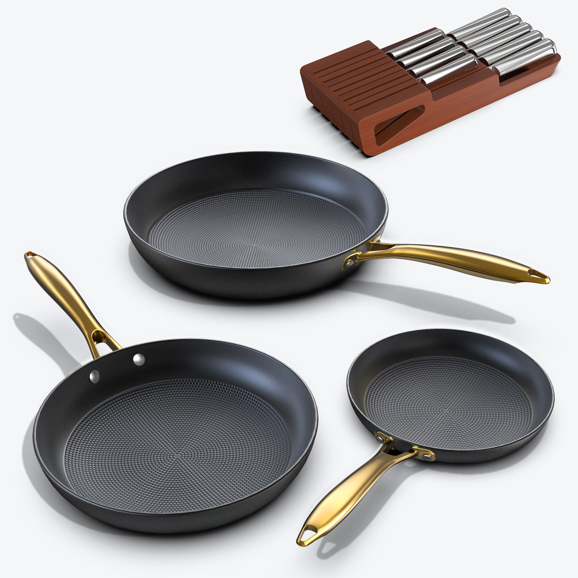 Imarku three-piece gold handle pans set and drawer knife set