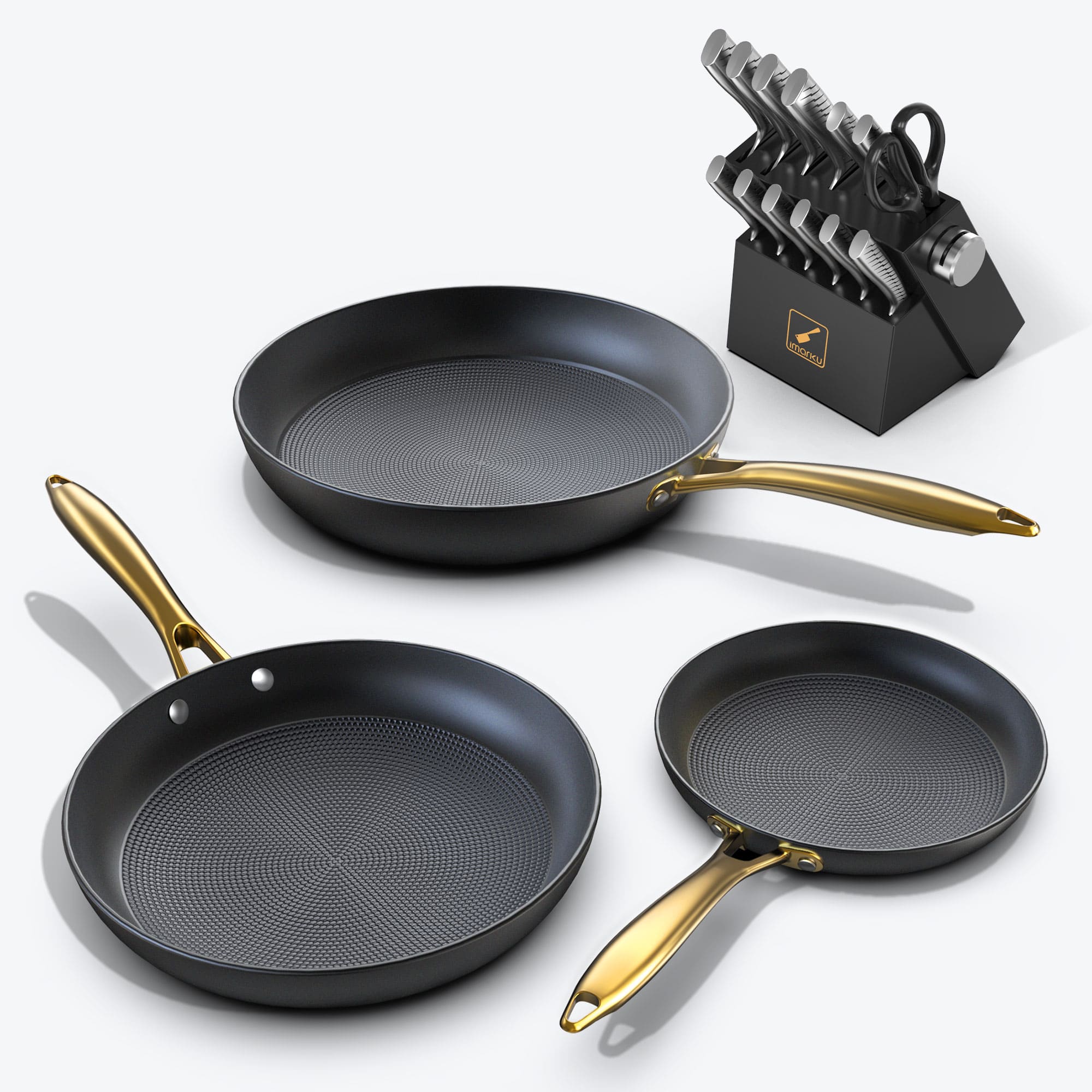 golden handle frying pans and black knife set with lighting pattern