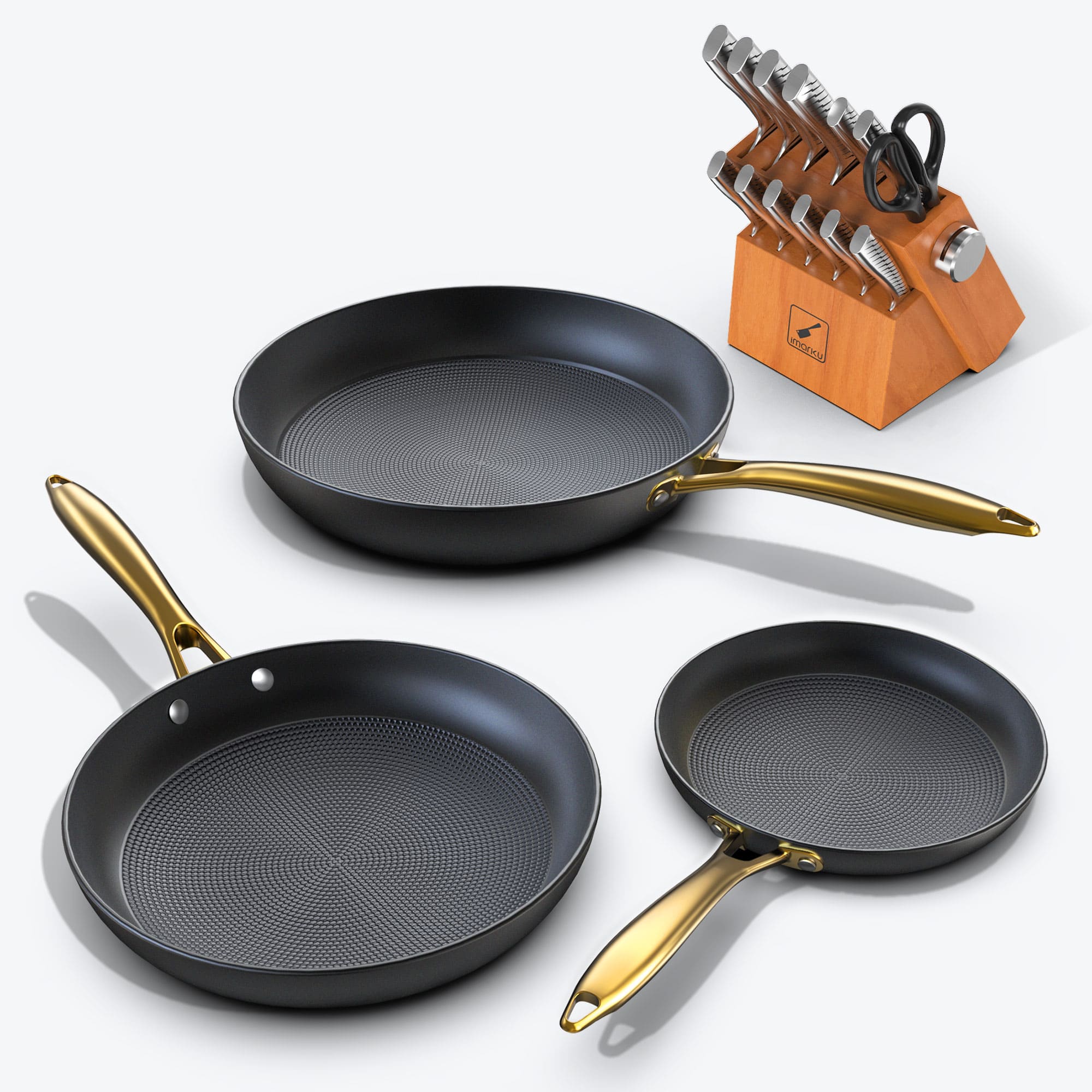 Imarku golden handle frying pans and brown knife set with lighting pattern