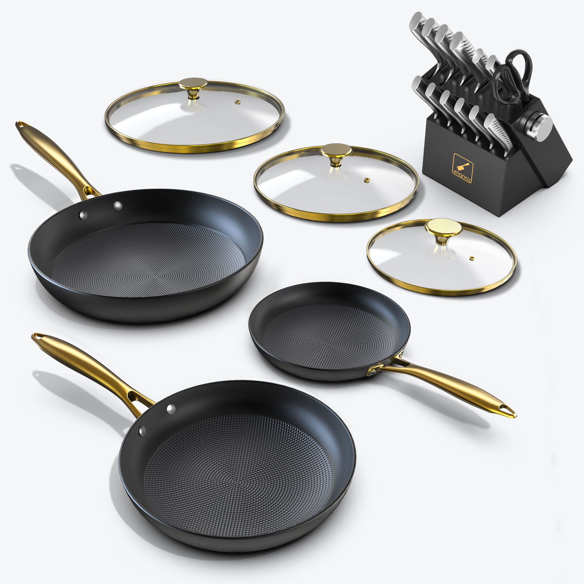 golden handle frying pans with lids and black knife set with lighting pattern