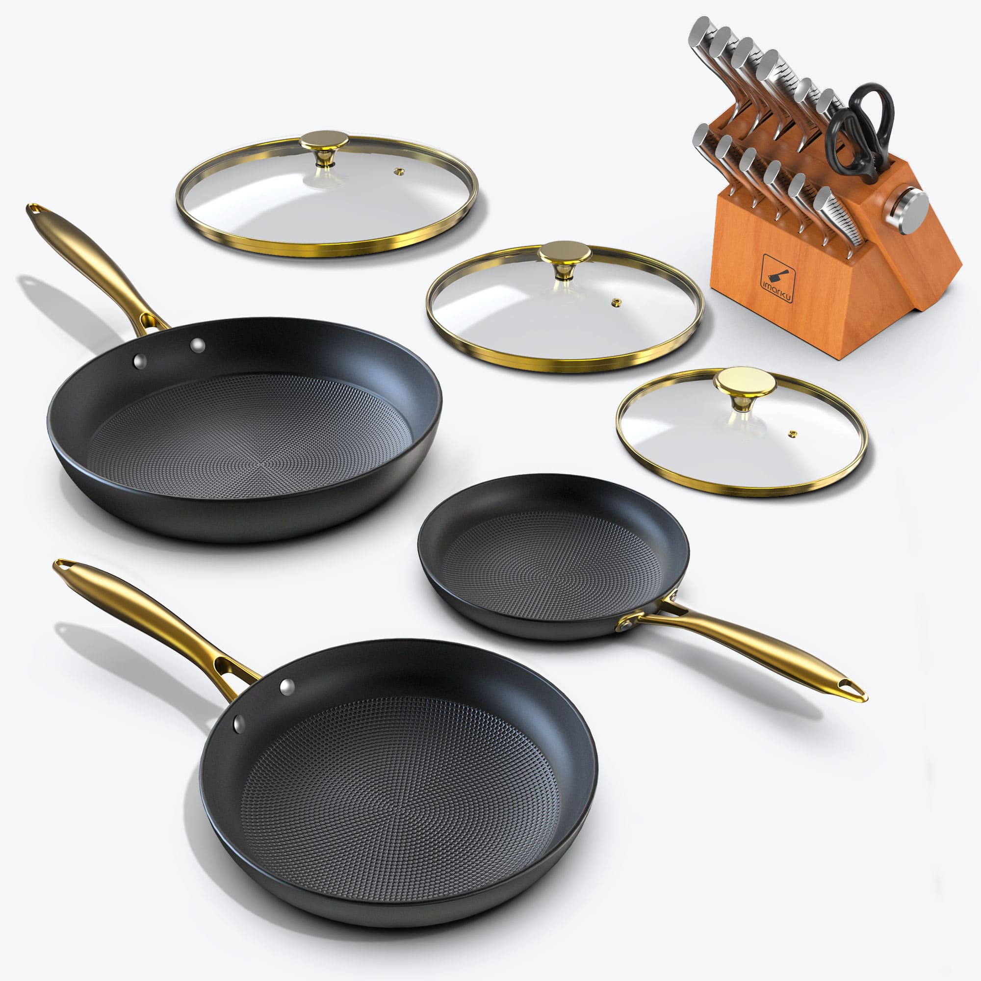 golden handle frying pans with lids and brown knife set with lighting pattern