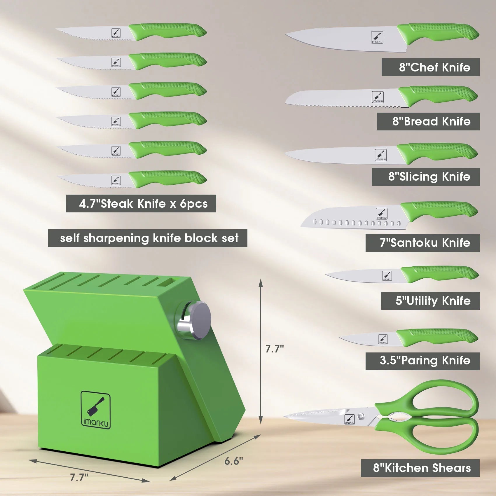 Green Knife Set with Stainless Steel Blades PP Handles - IMARKU