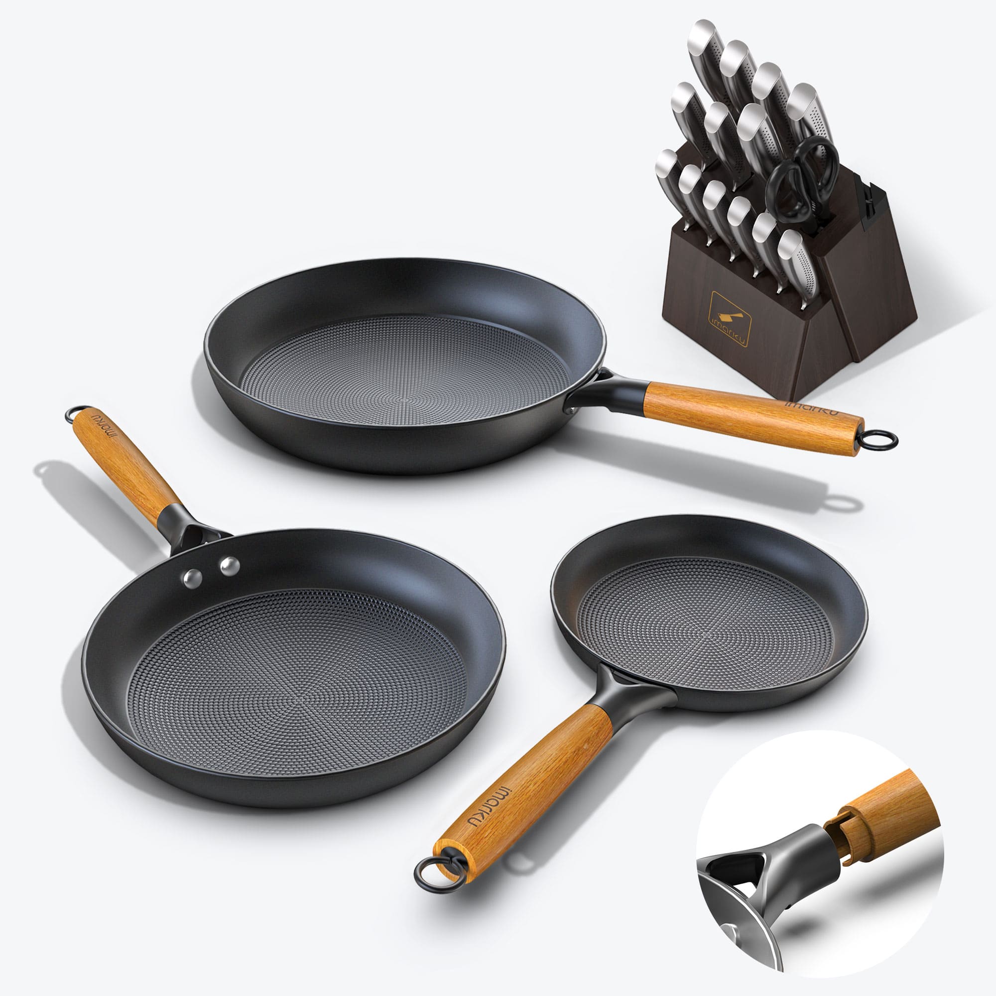 imarku nonstick fry pans and best knife set bundle