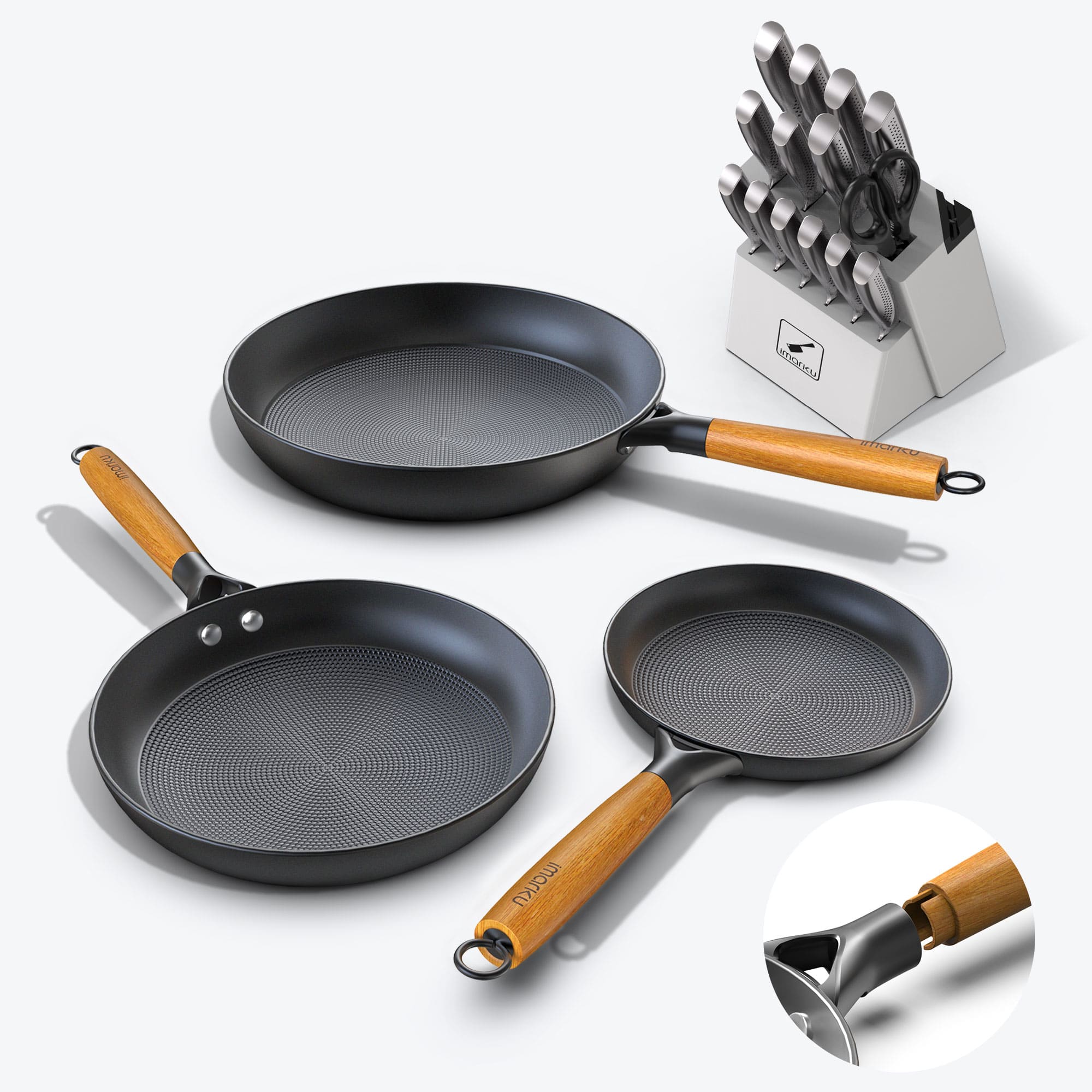 imarku honeycomb nonstick fry pans and white knife block set bundle