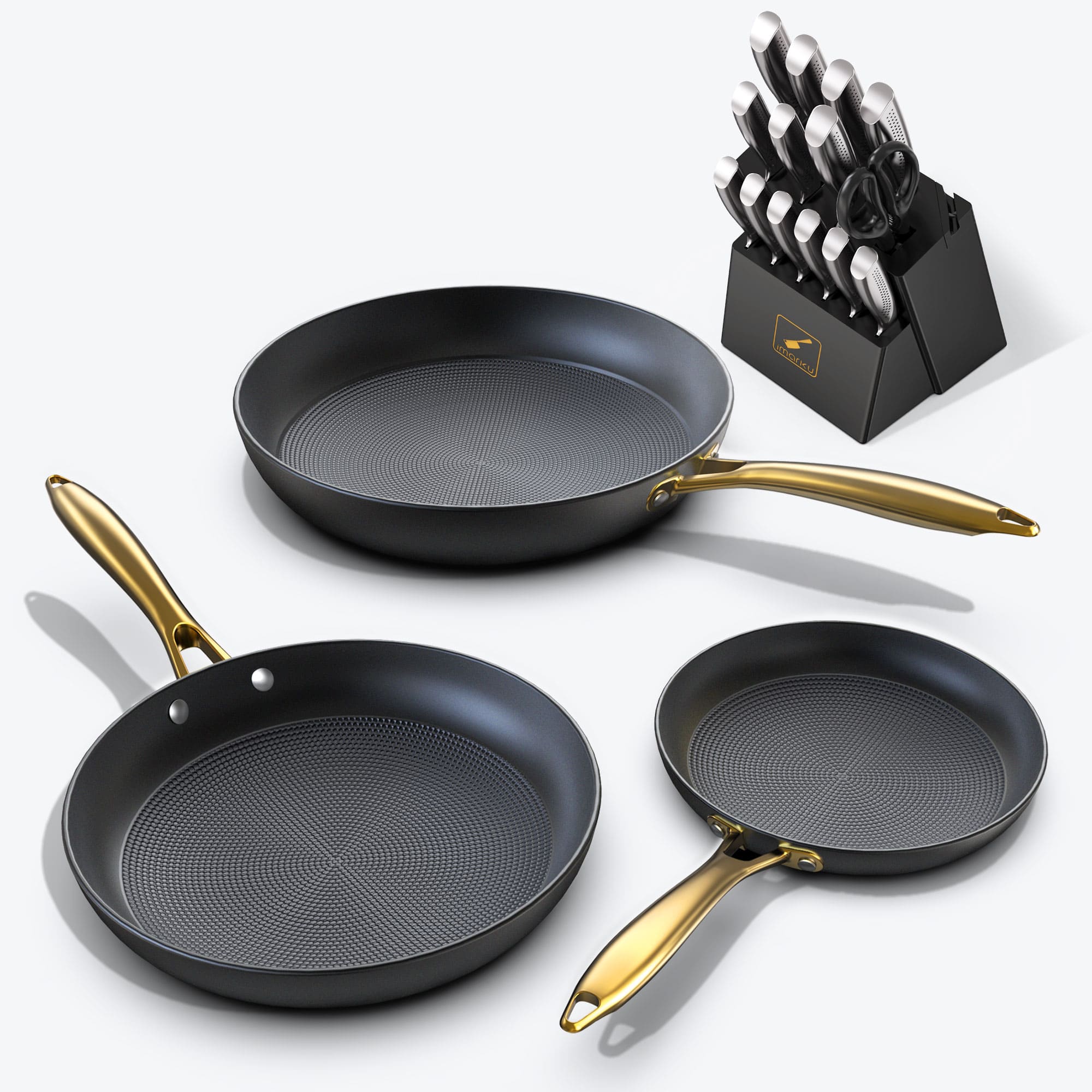 imarku cast iron pans set with golden handle and knife set bundle