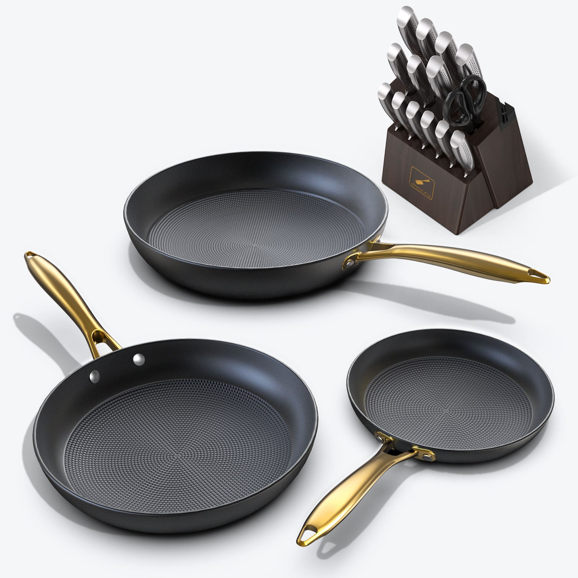imarku honeycomb nonstick pans set and 15pc knife set bundle