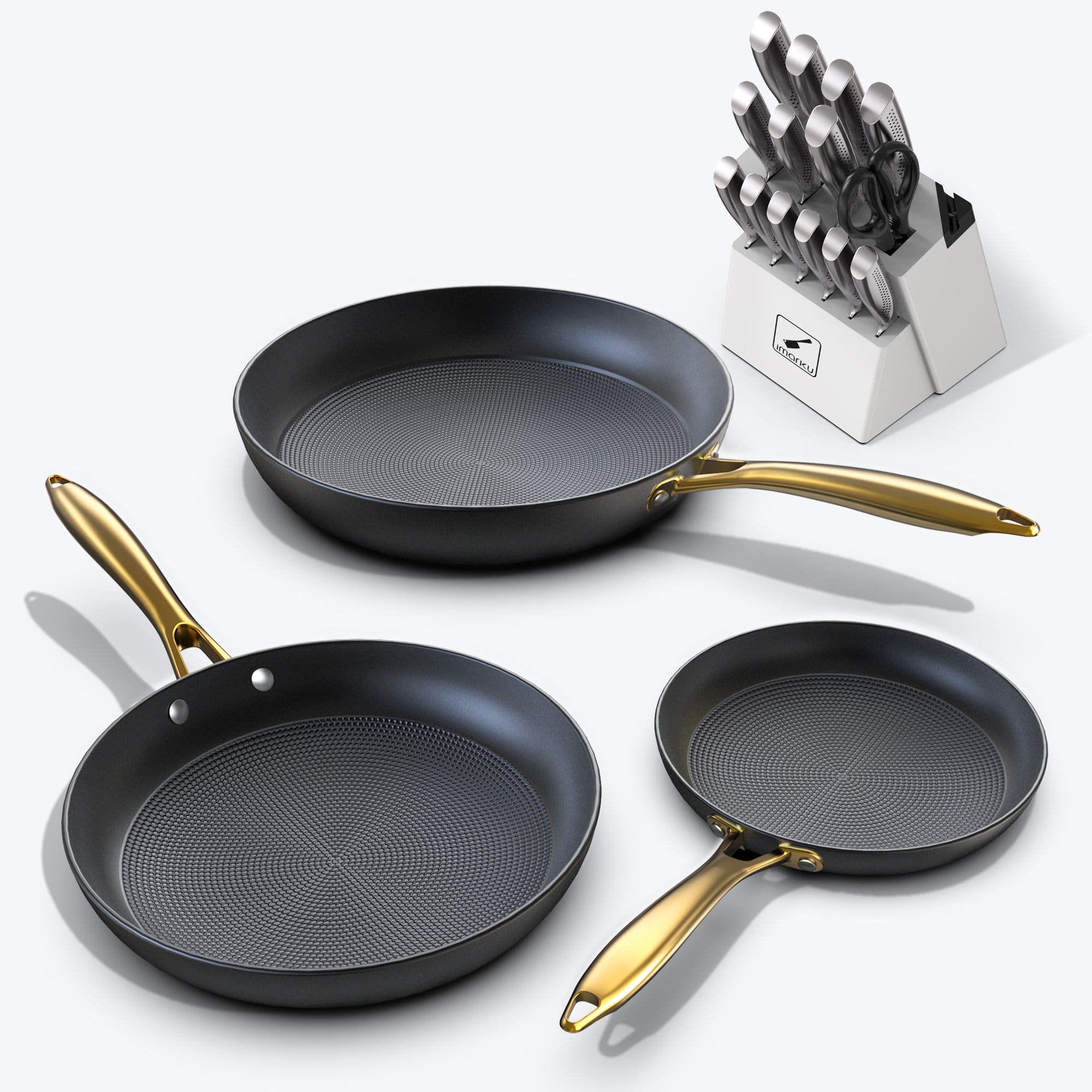 imarku nonstick frying pans with heat-resistant handle and 15pc knife block set bundle
