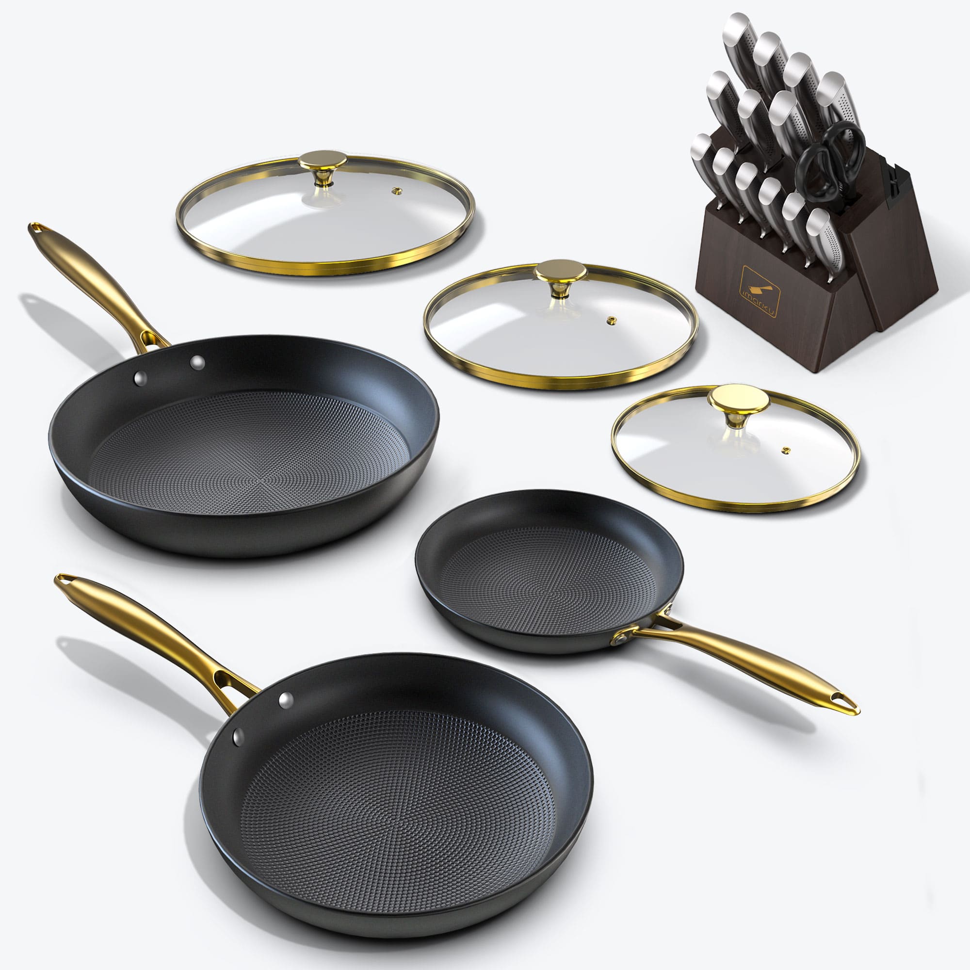 imarku cast iron pans set and 15pc brown knife set with sharpener bundle