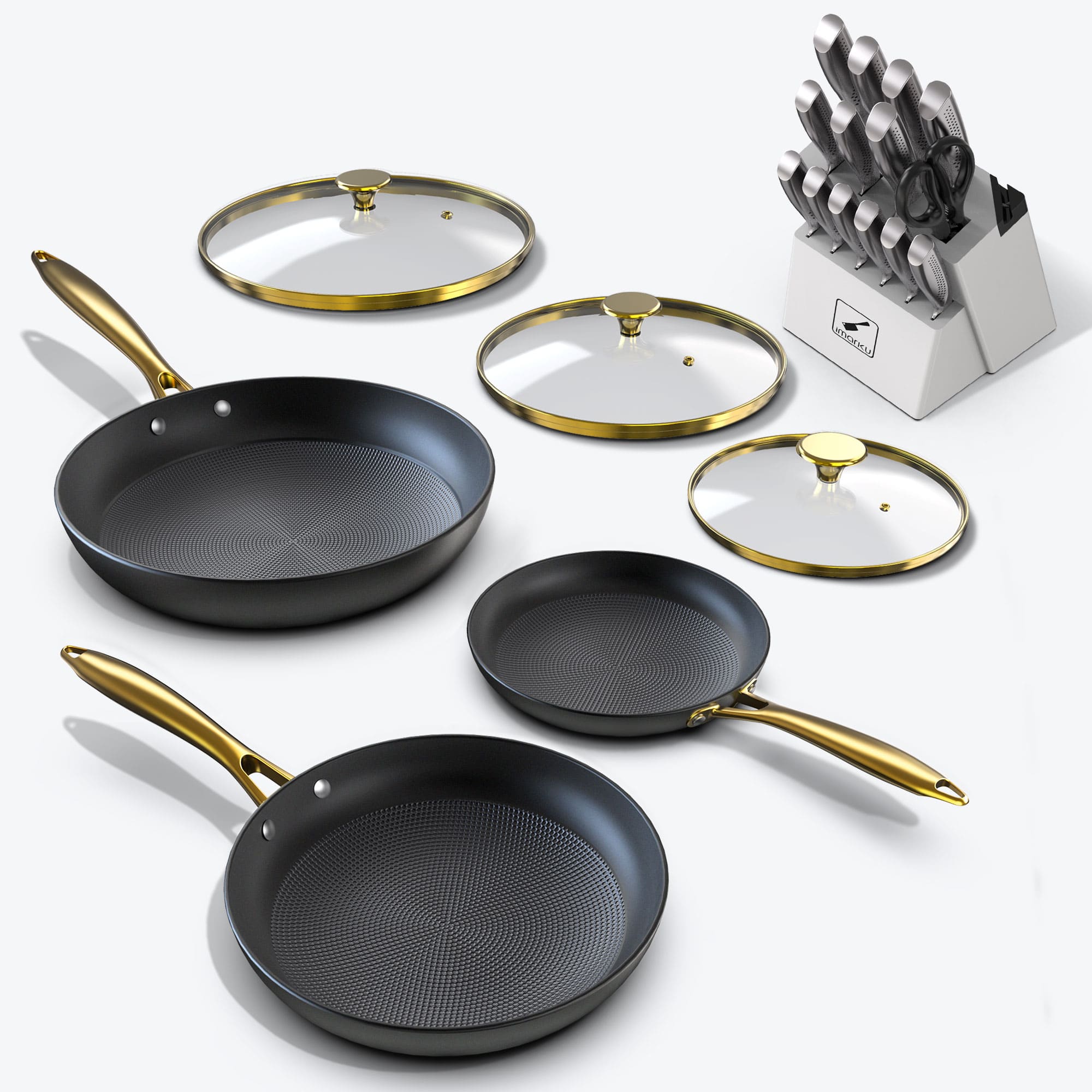 imarku nonstick fry pans with glass lids and 15pc knife set bundle