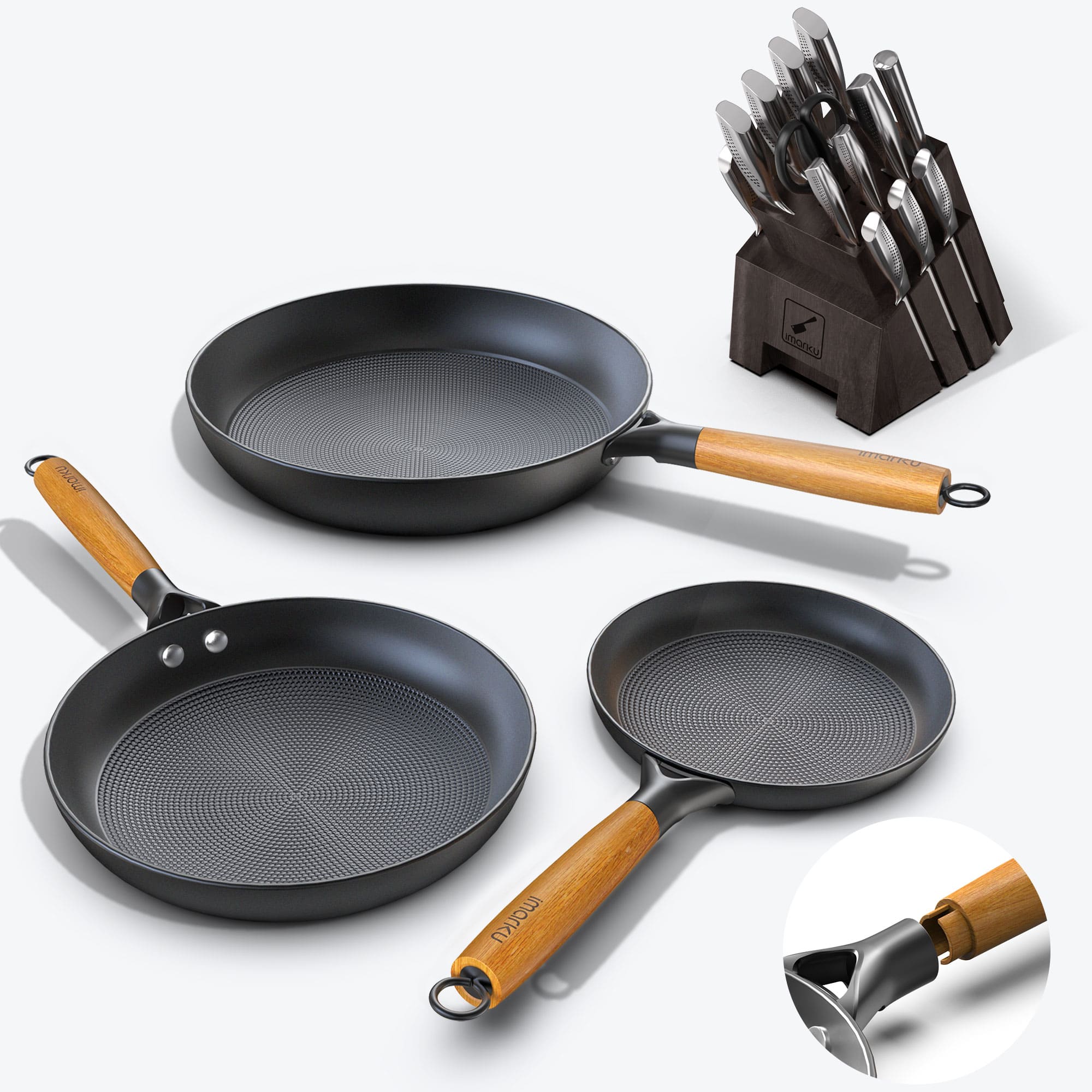 Imarku 19 - Piece Cast Iron Pan and Stainless Steel Knife Set Combo - IMARKU