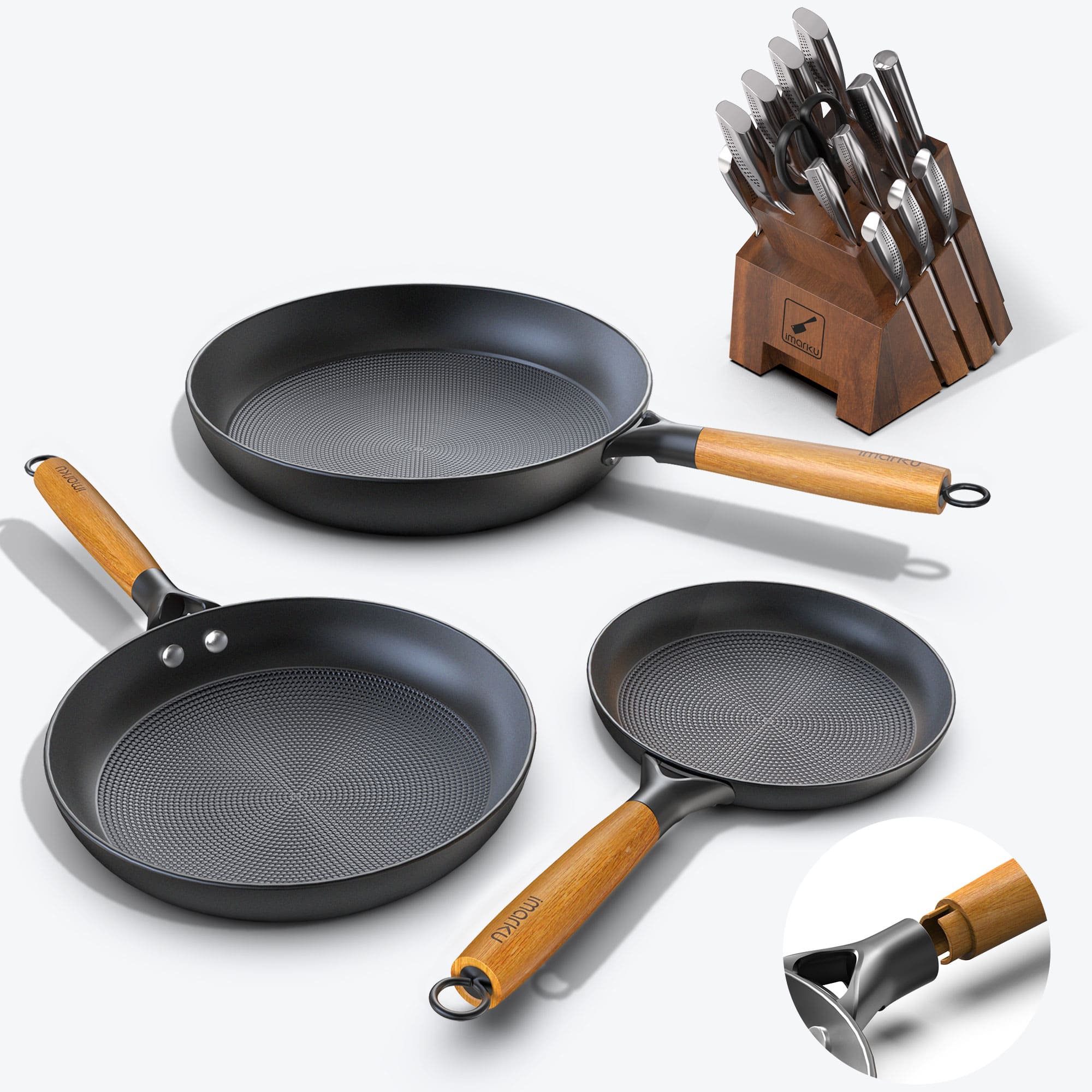 Imarku 19 - Piece Cast Iron Pan and Stainless Steel Knife Set Combo - IMARKU