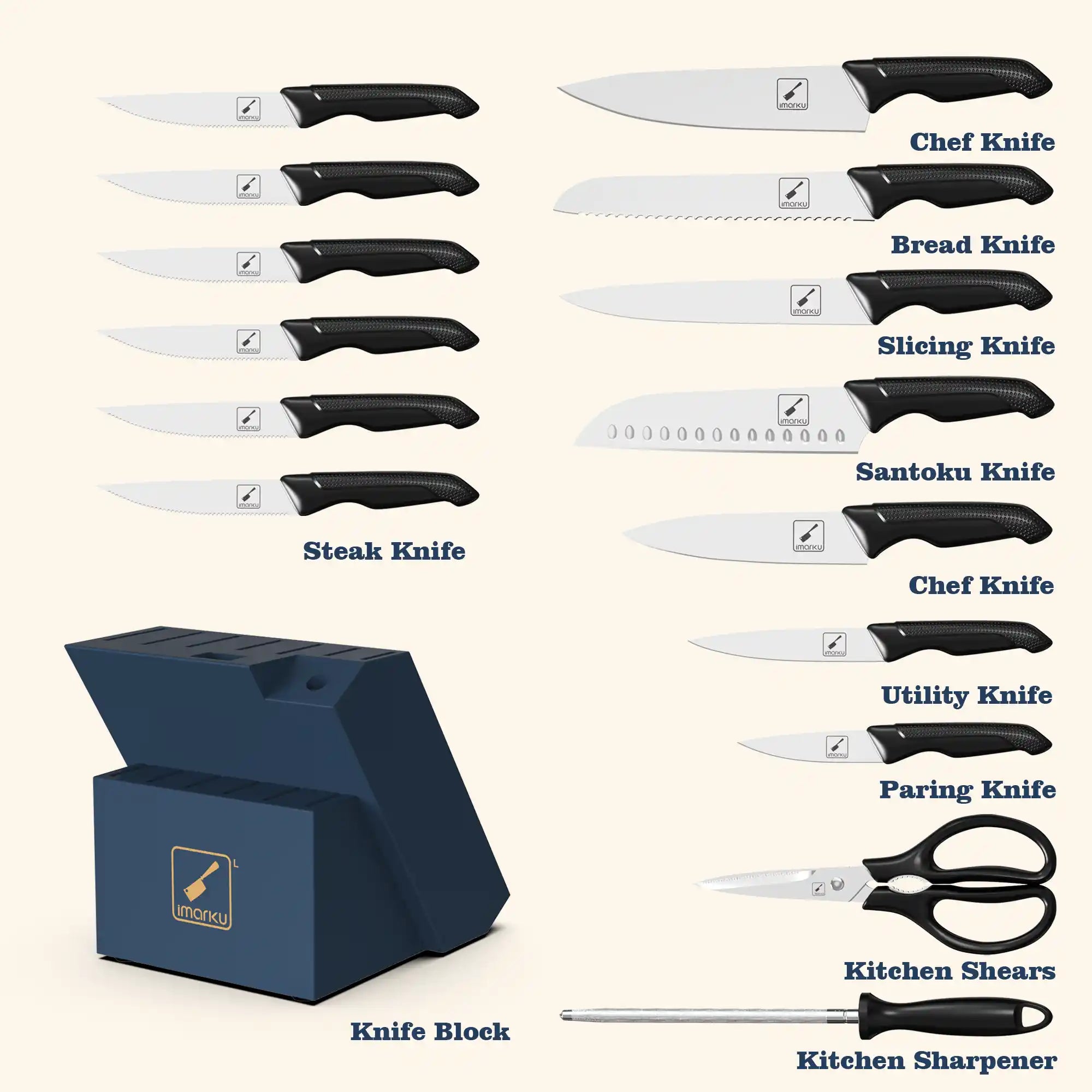 16 Pcs Knife Block Set with Ergonomic Black Handle and Sharpening Rods