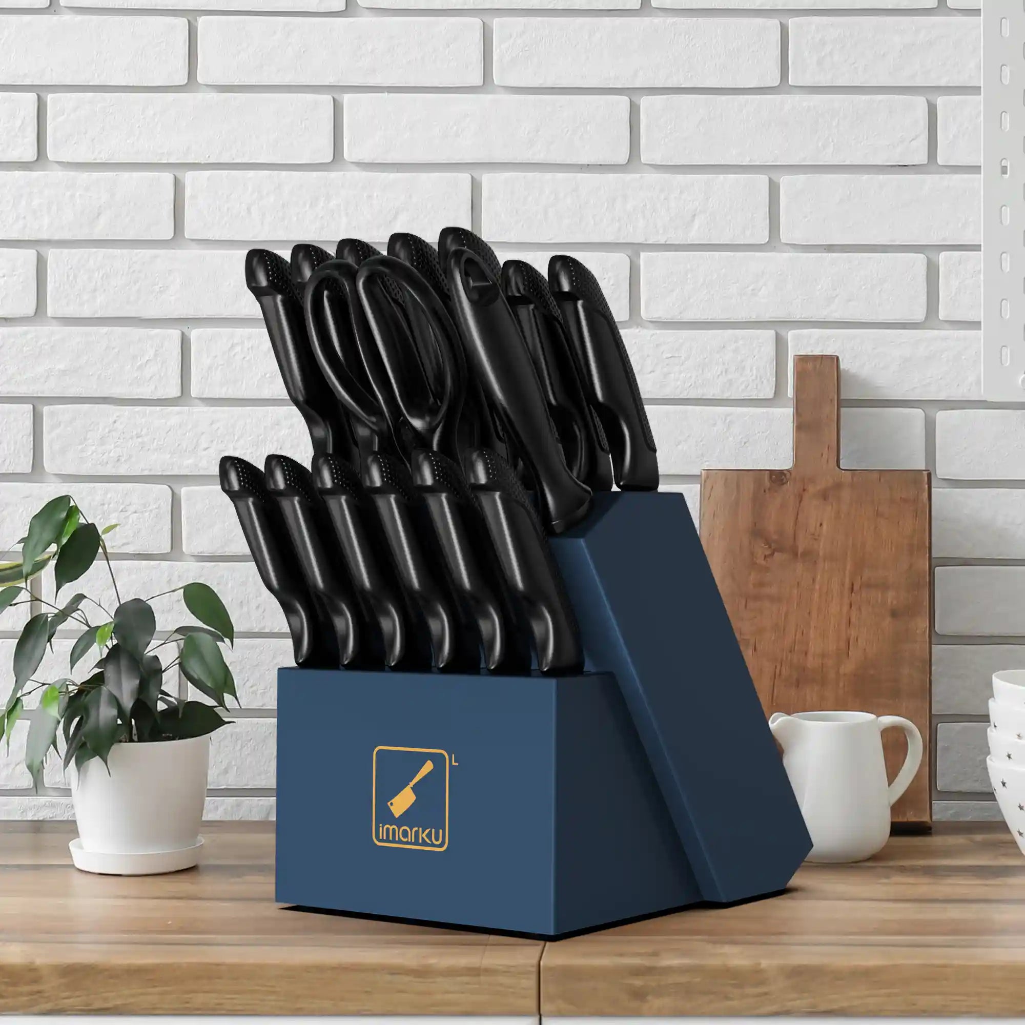 16 Pcs Knife Block Set with Ergonomic Black Handle and Sharpening Rods