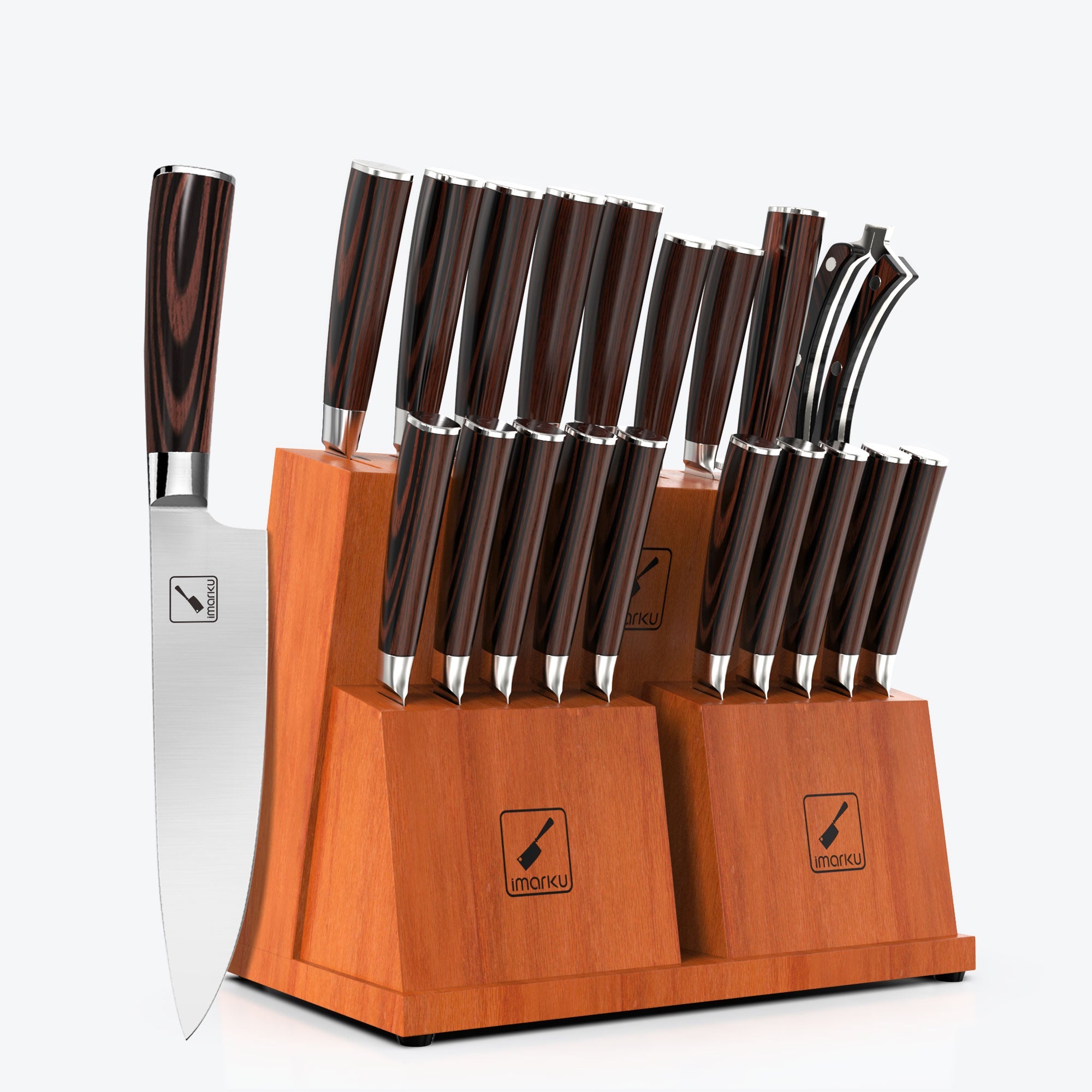 imarku 20pc wooden block knife set with ergonomic wooden handle