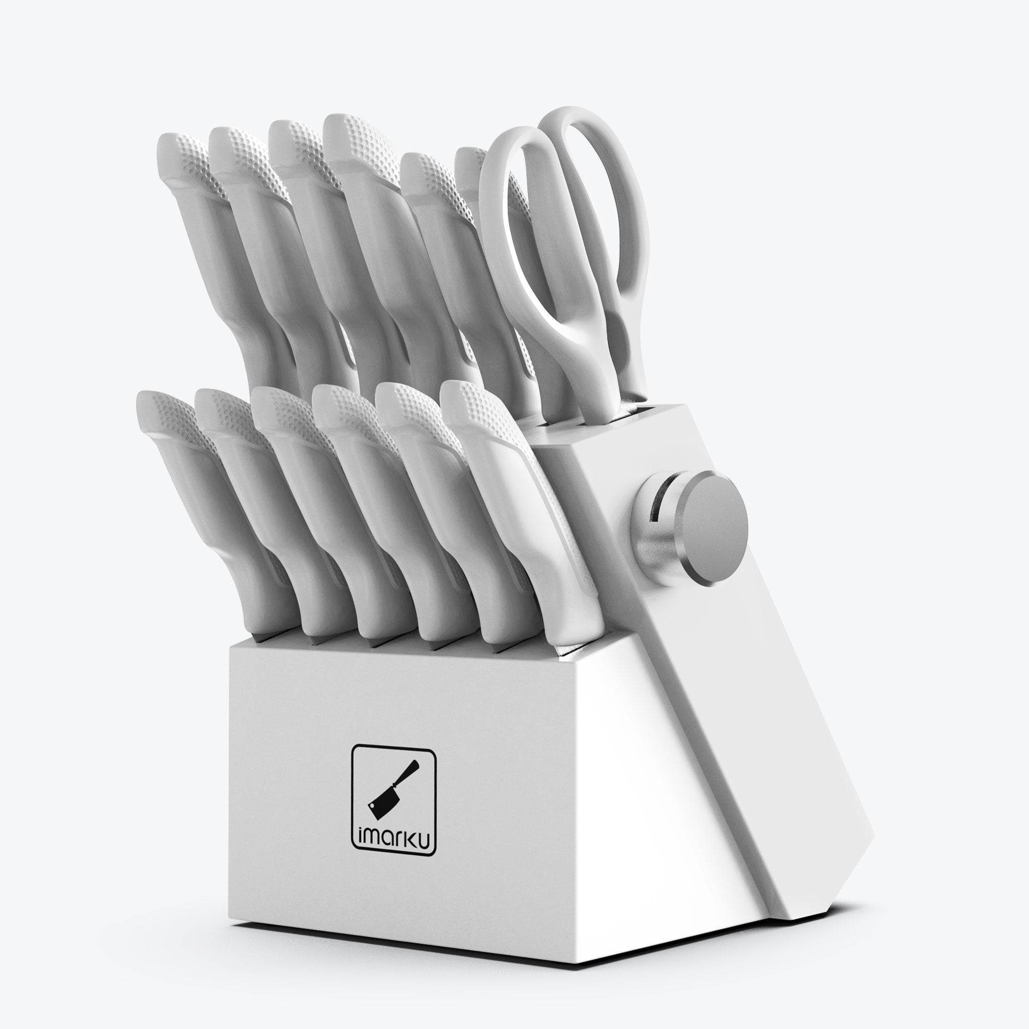 imarku 14pc white knife block set with pp handle and sharpener
