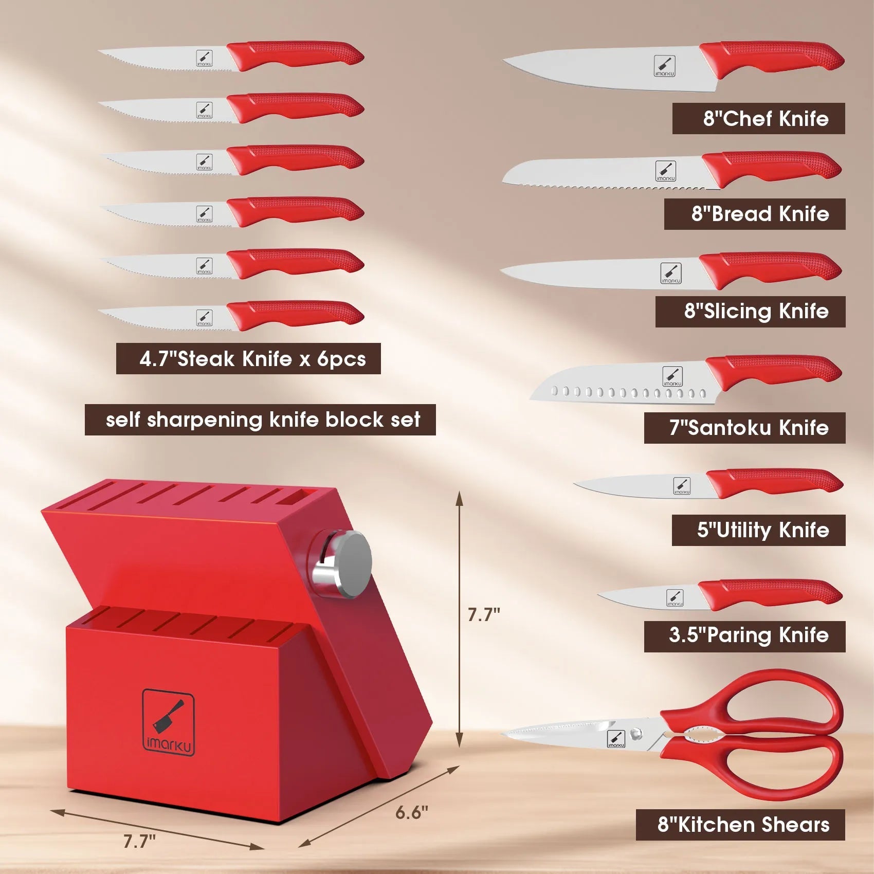 Red Knife Set with Stainless Steel Blades PP Handles