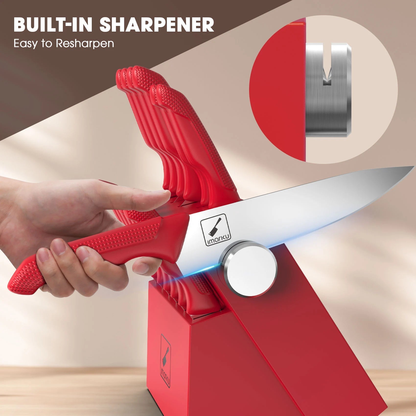 red knife set with sharpener