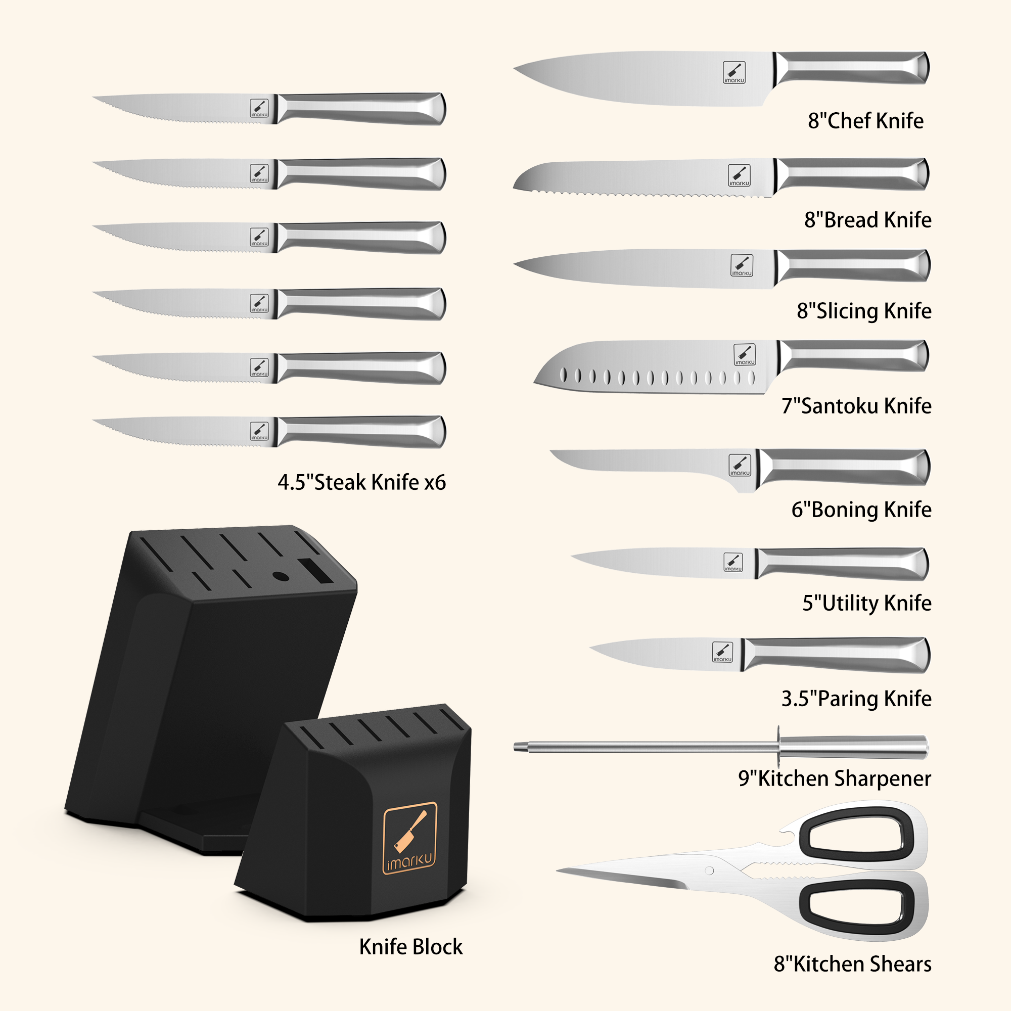 16-Piece Dishwasher Safe Knife Set with One-Piece Construction