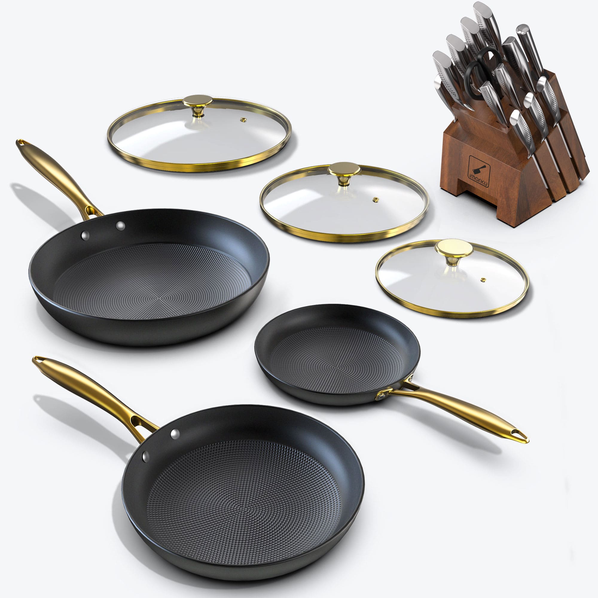Nonstick Frying Pan Set with Golden Glass Lids & Ultra Sharp Knife Set - IMARKU
