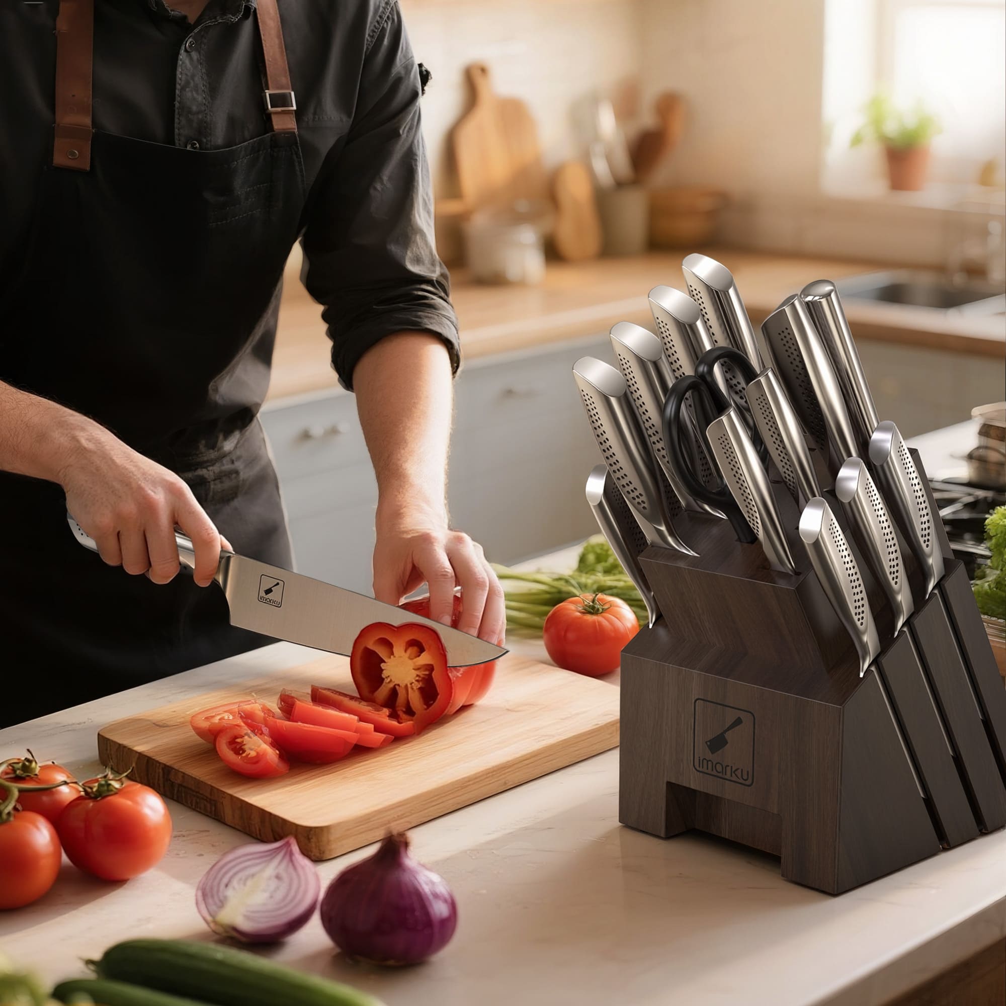 Nonstick Frying Pan Set with Golden Glass Lids & Ultra Sharp Knife Set - IMARKU
