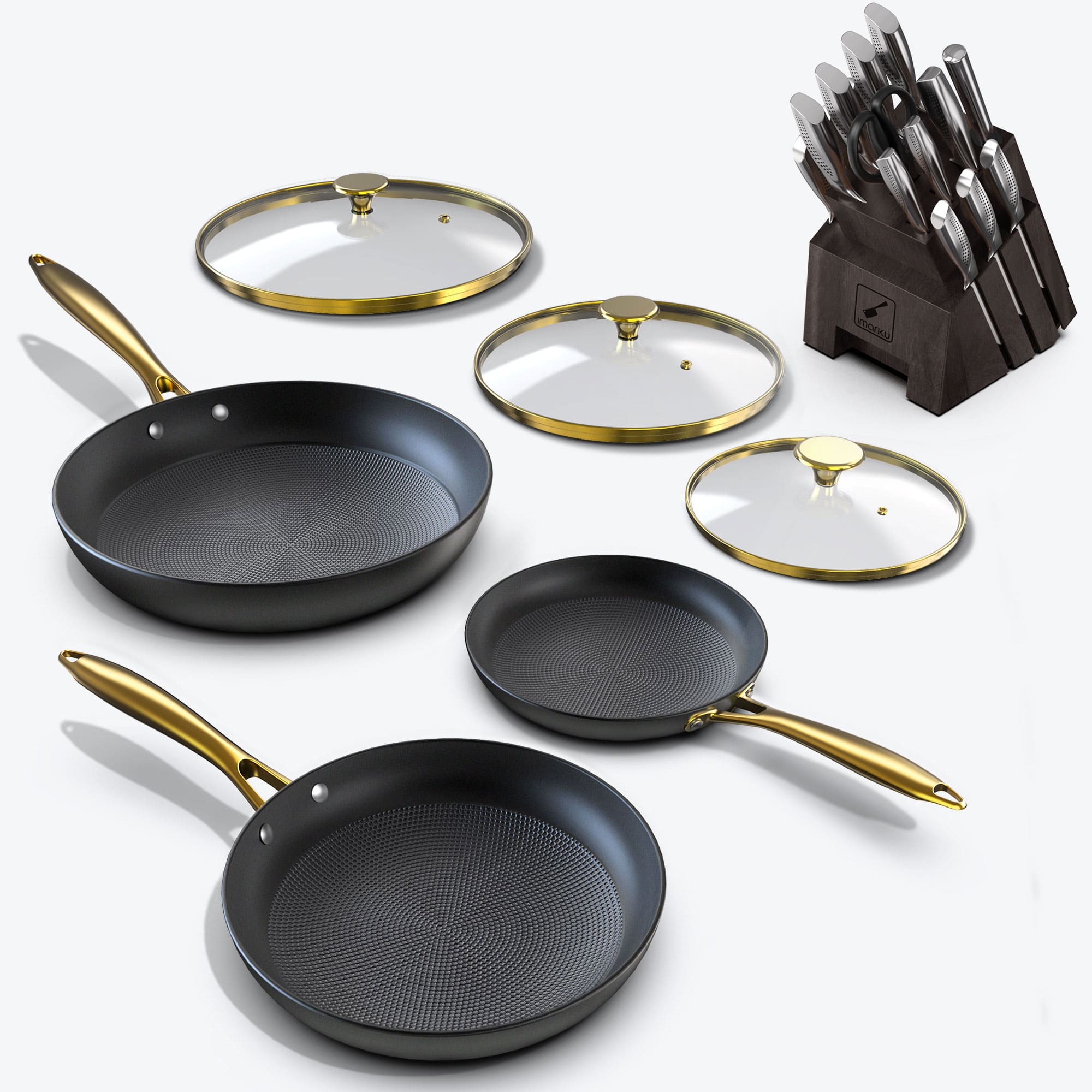 Nonstick Frying Pan Set with Golden Glass Lids & Ultra Sharp Knife Set - IMARKU