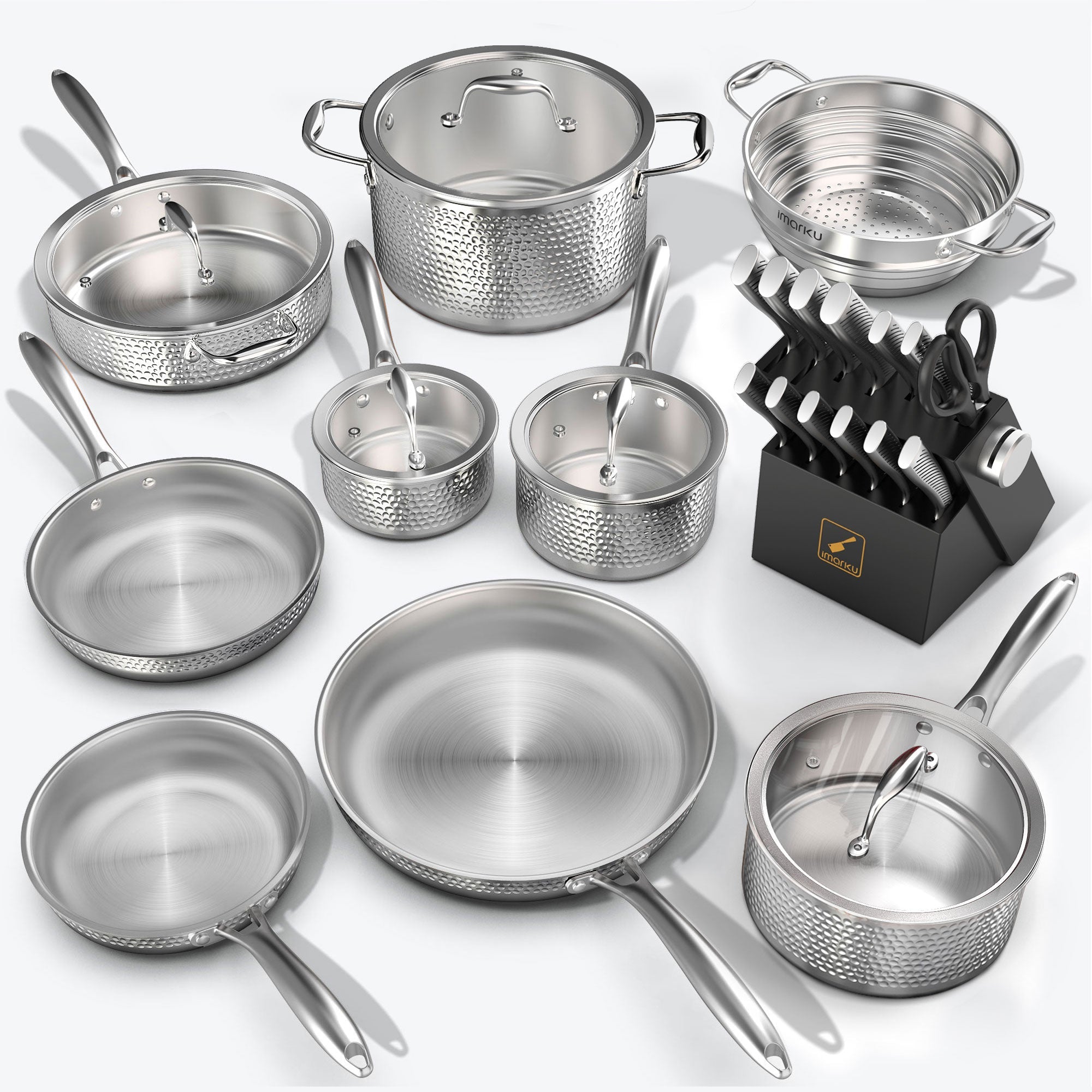 Premium Hammered Stainless Steel Cookware Set and Knife Set Design Bundle - IMARKU
