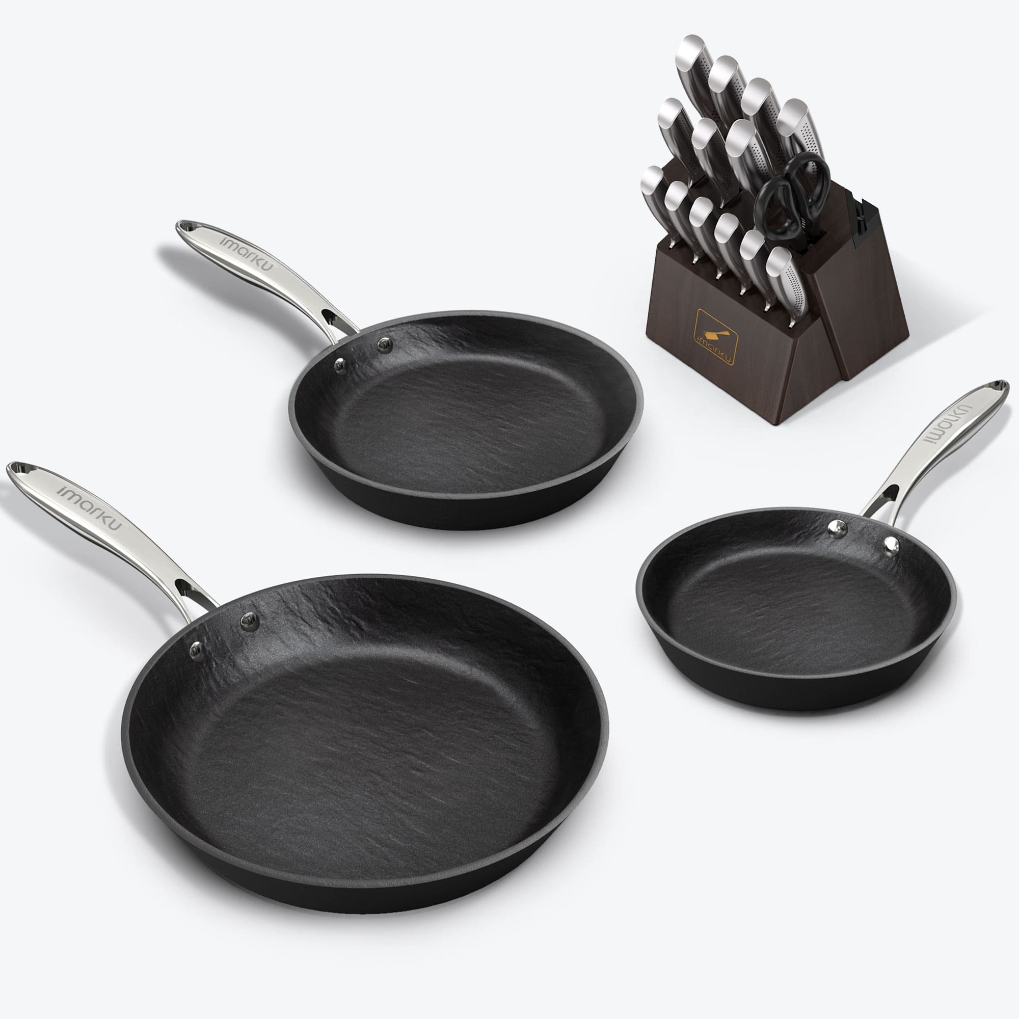 imarku marbled nonstick pans set and 15pc brown knife set bundle