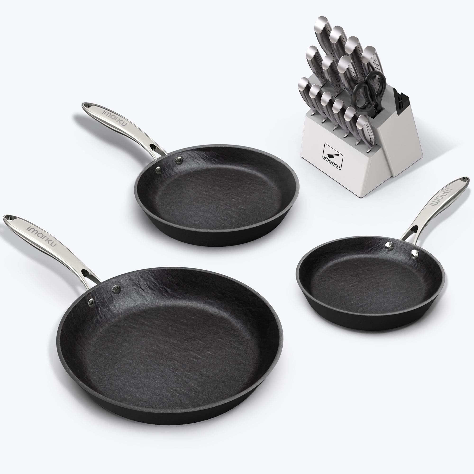 imarku nonstick frying pans and white knife set with sharpener bundle