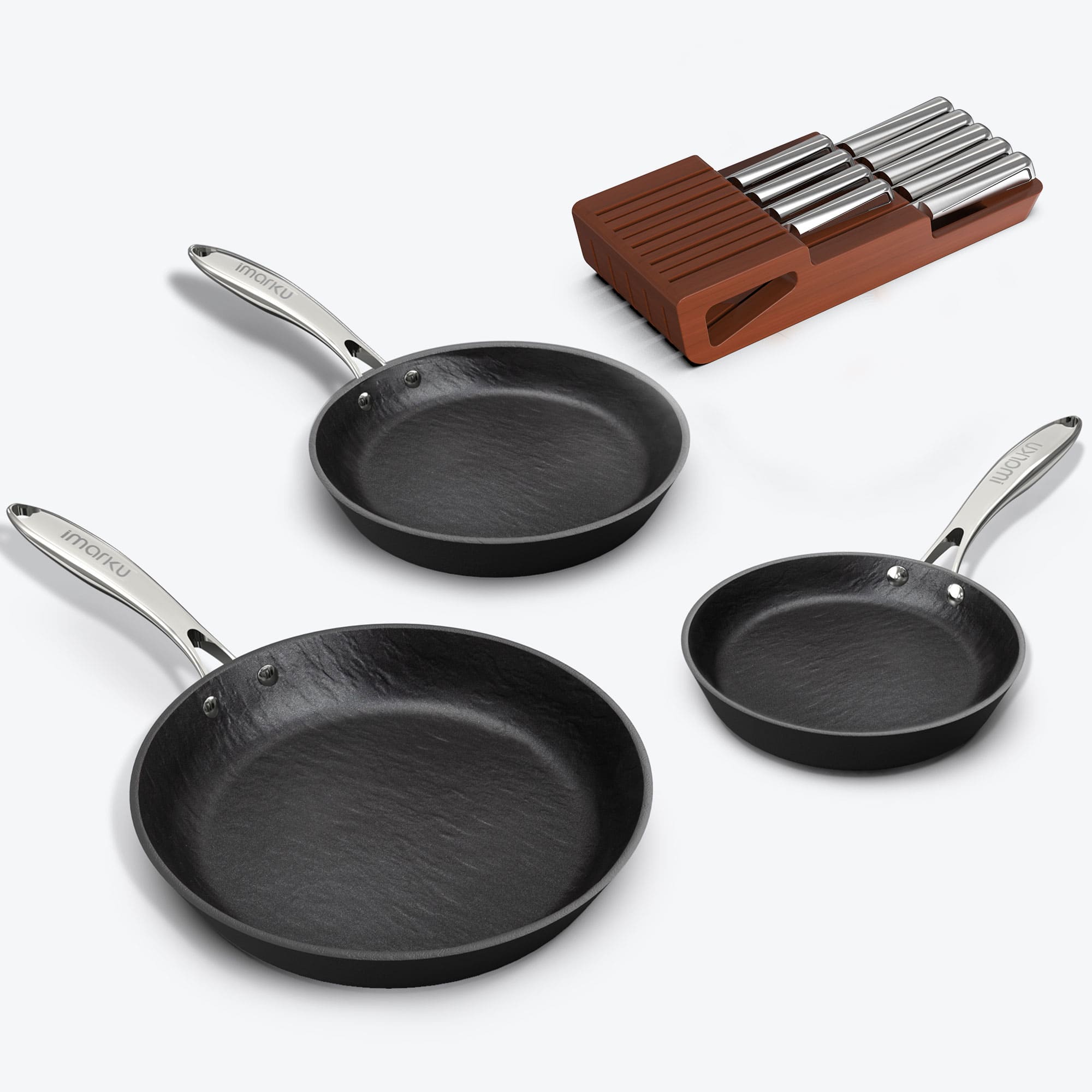 Imarku three-piece silver handle marbled fying pan set and drawer knife set