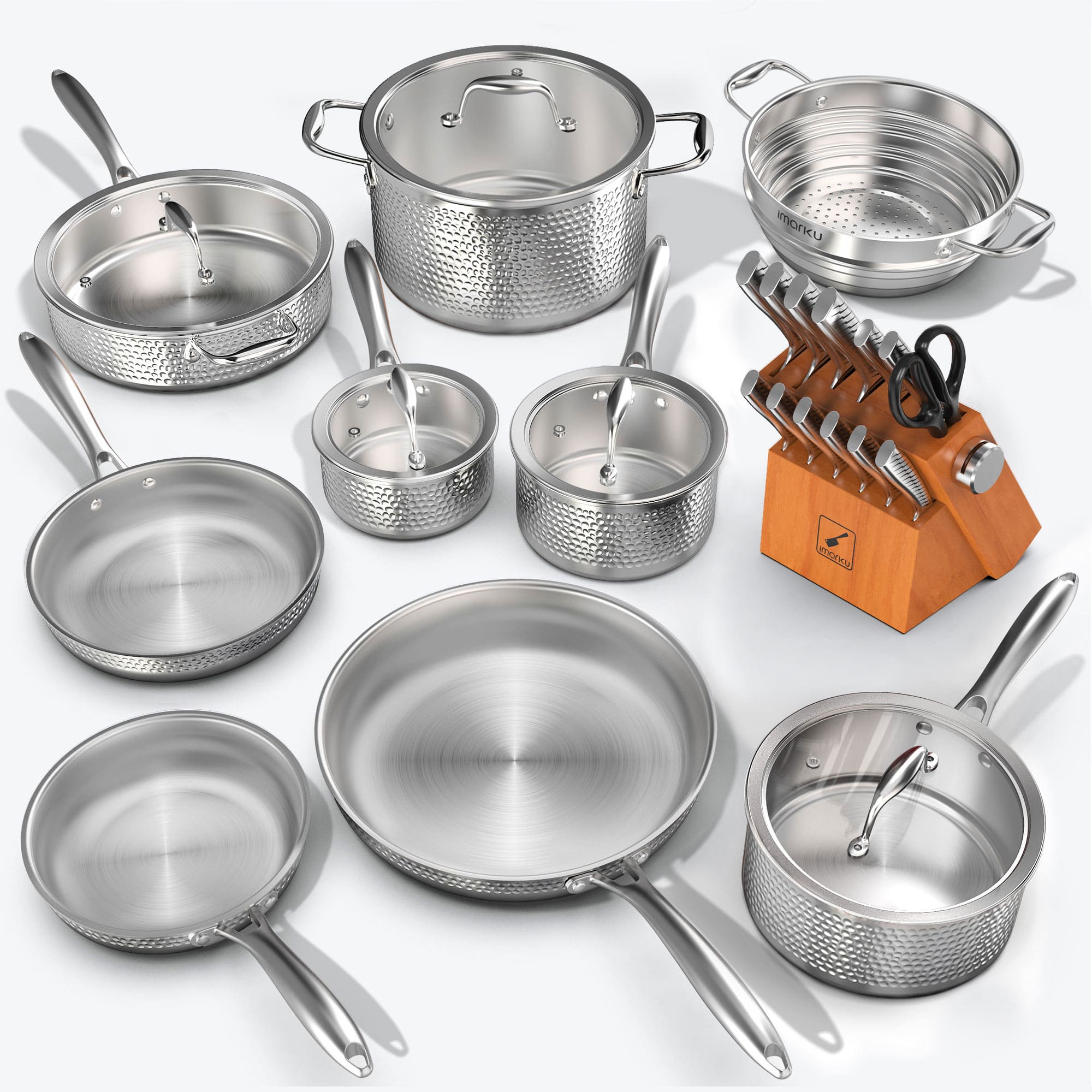 sliver pots and pans set and brown knife set with lighting pattern