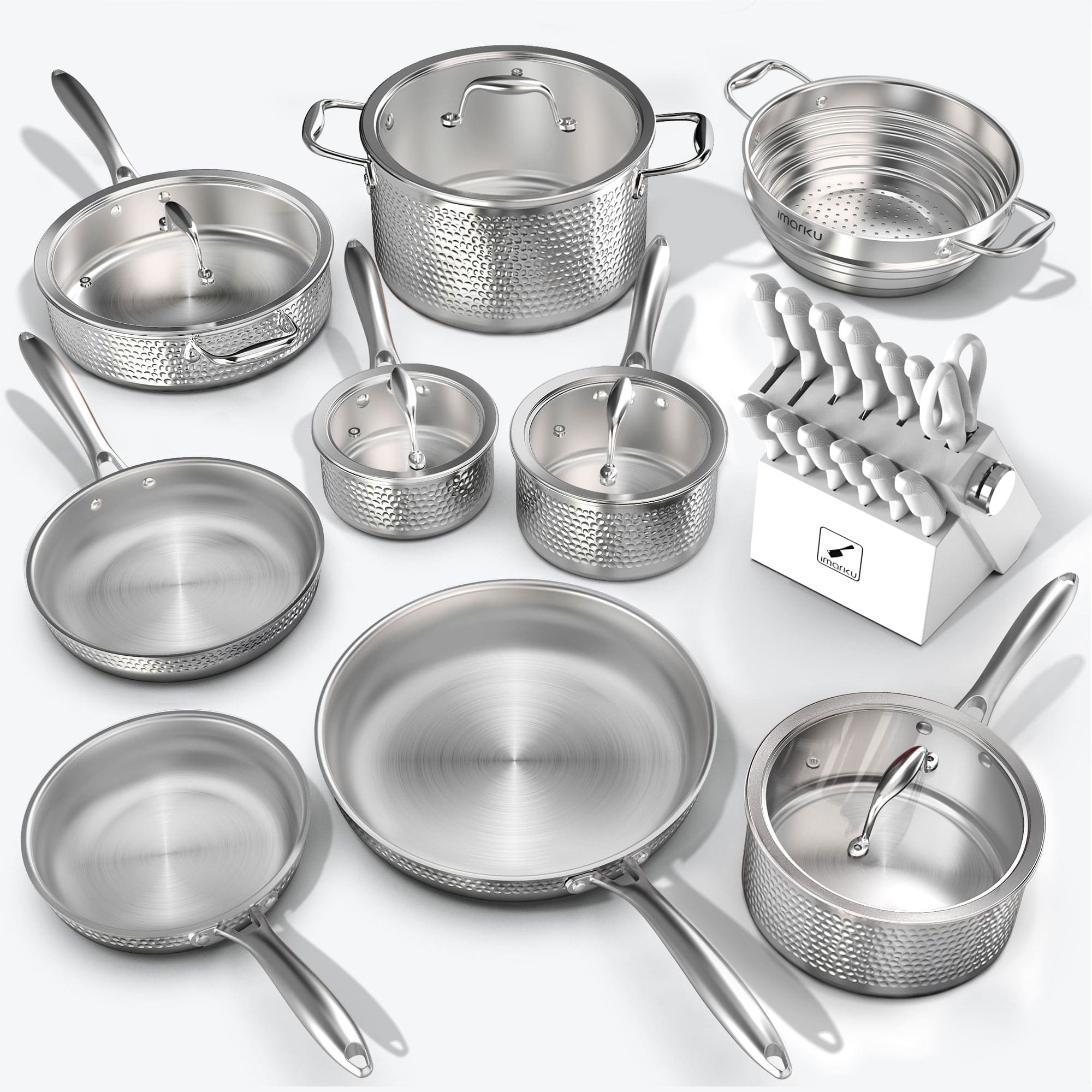 stainless steel cookware with white knife set bundle