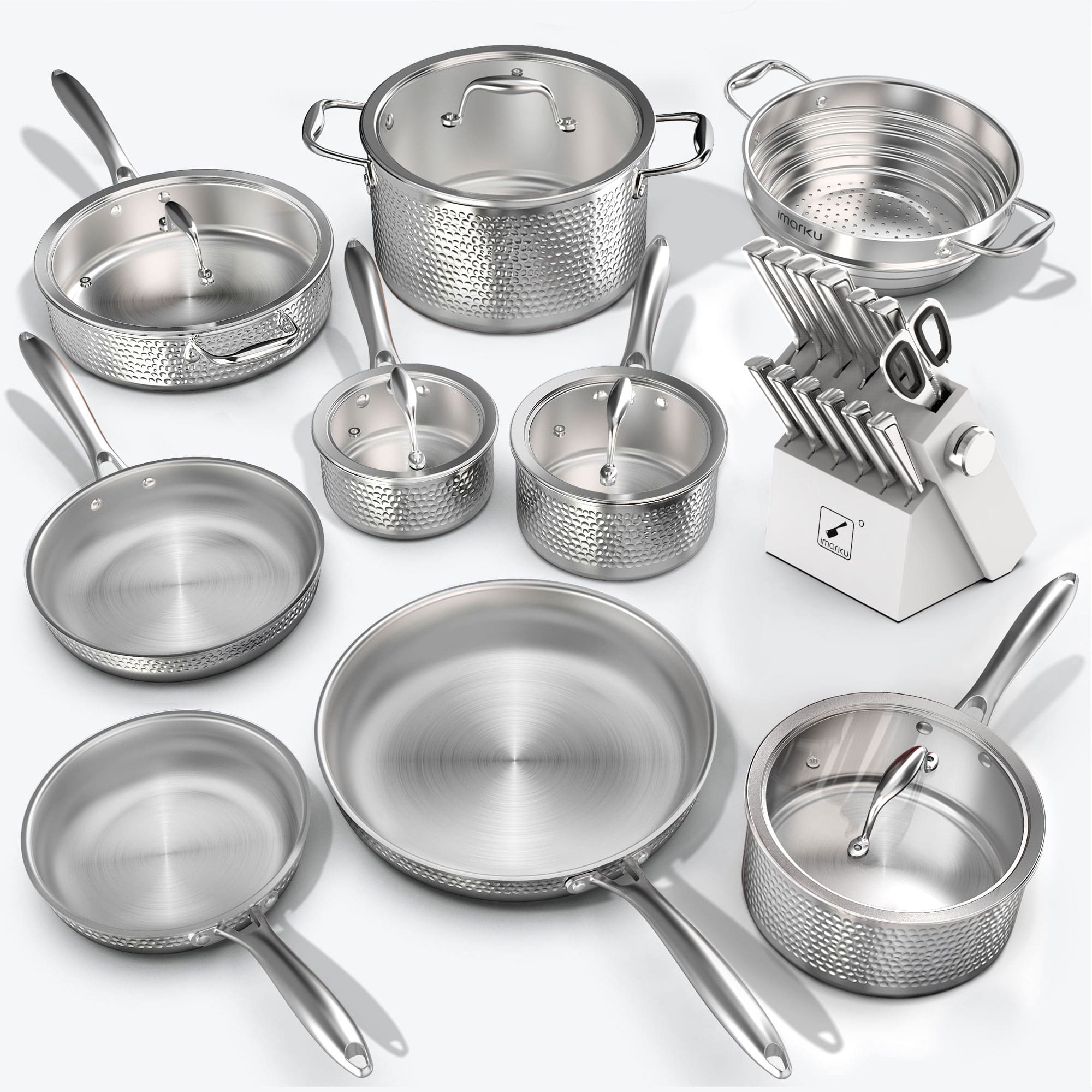 stainless steel pots and pans with 14 piece knife set bundle