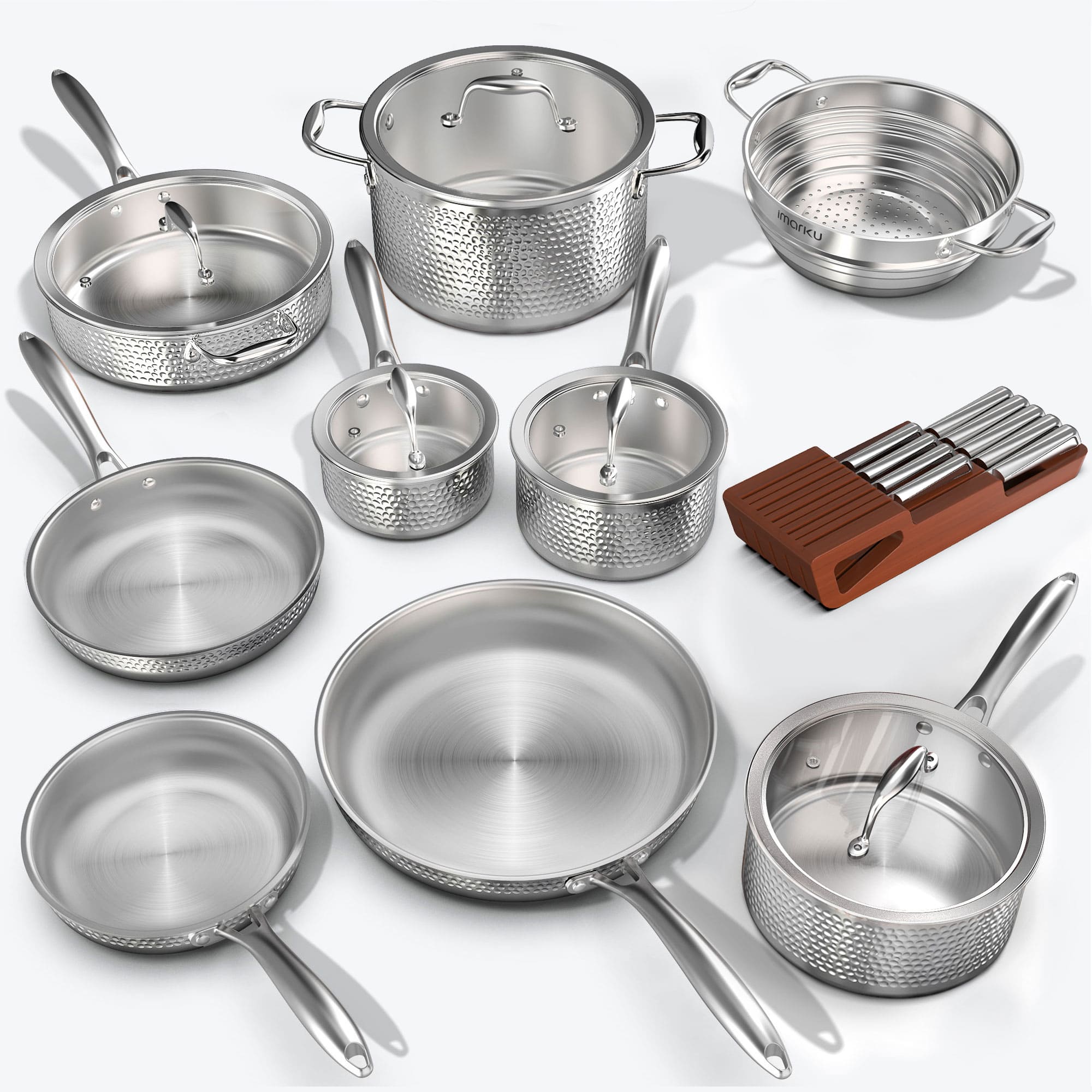 stainless triply clad cookware and in drawer knives set bundle
