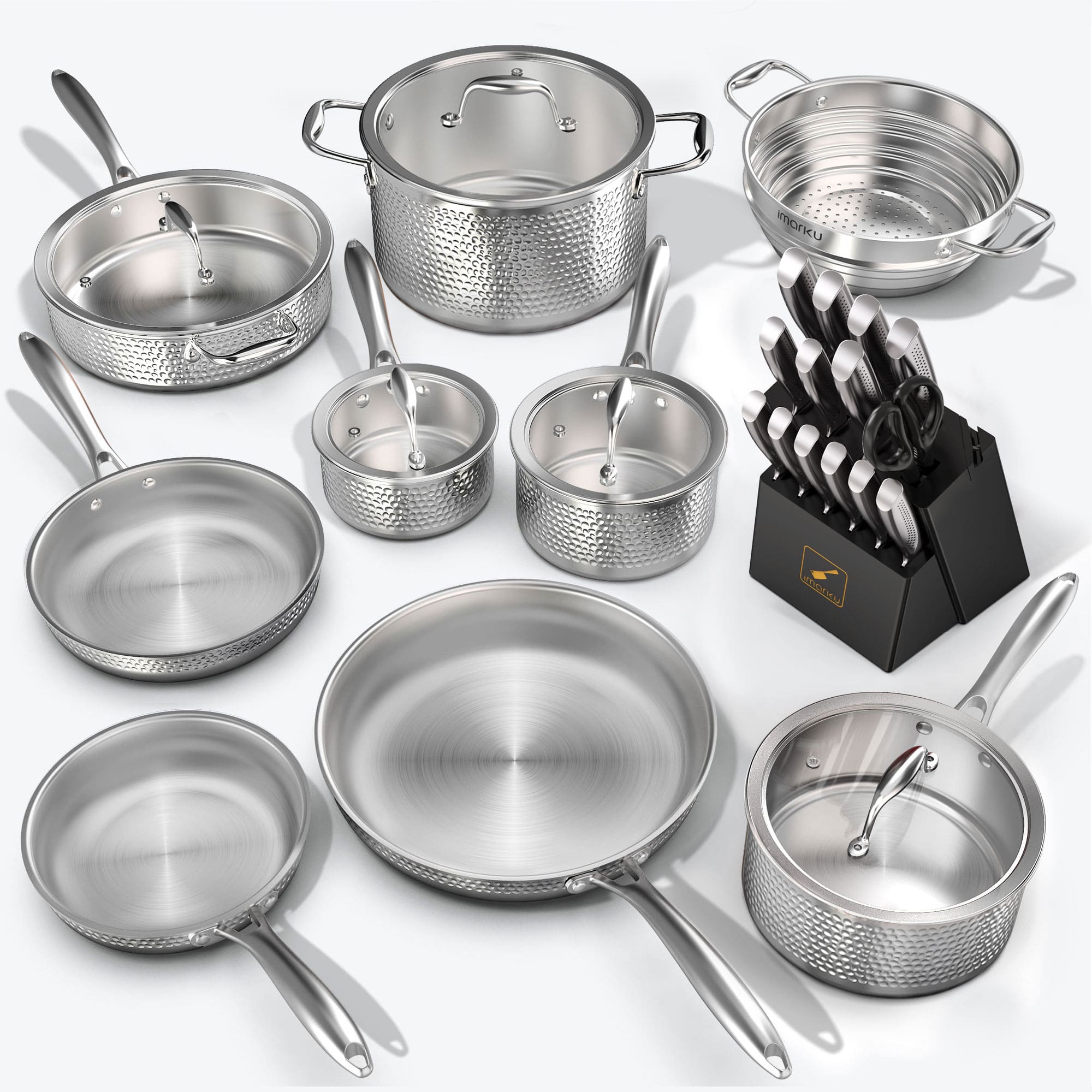 imarku hammered cookware and new 15pc black knife set bundle