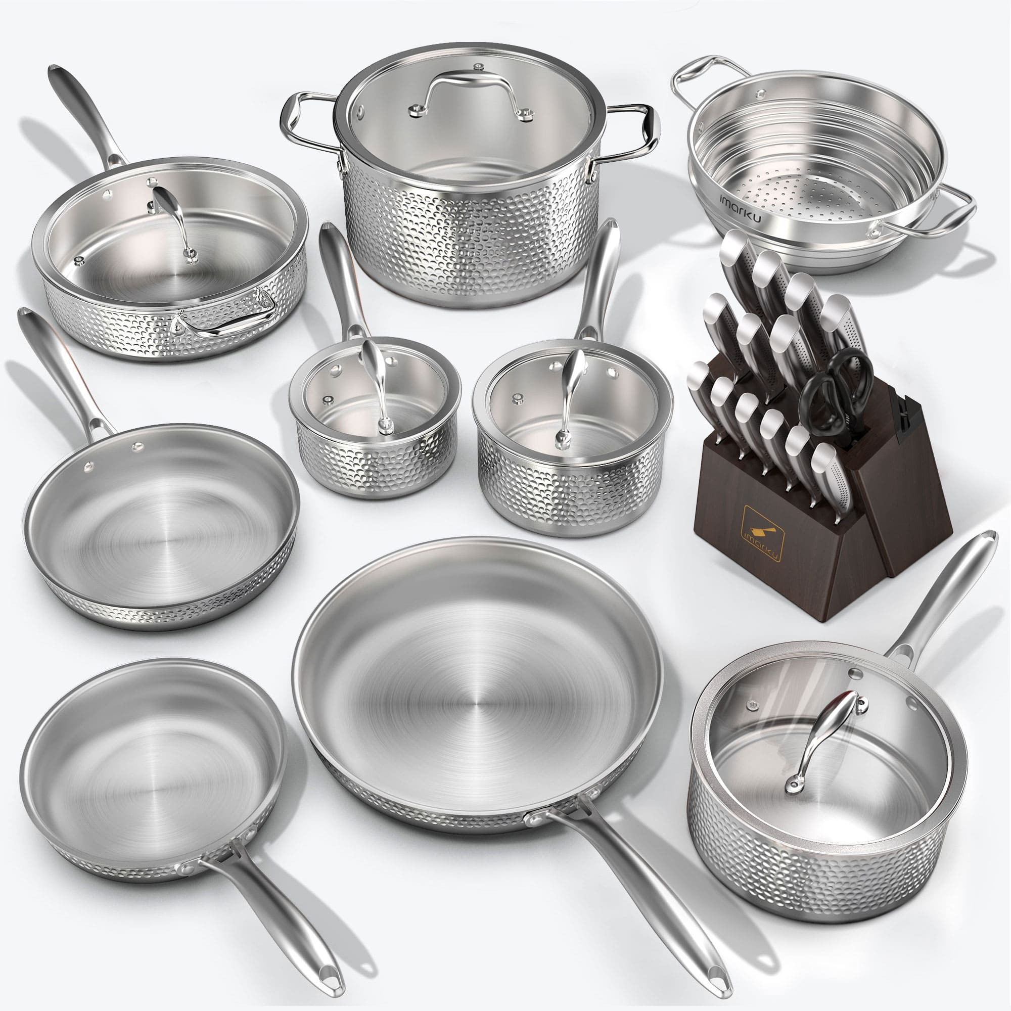 imarku three layer fully clad steel cookware and new 15pc brown knife set bundle