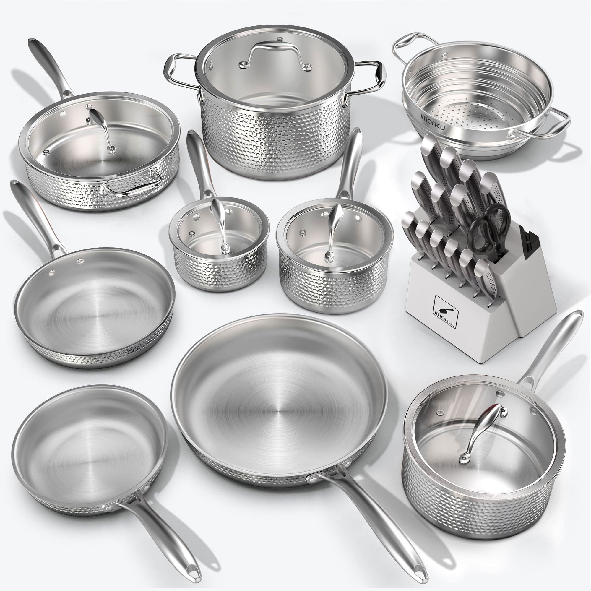 imarku fully clad steel cookware and new 15pc white knife block set bundle