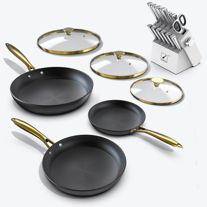 pans with lids and white knife block set