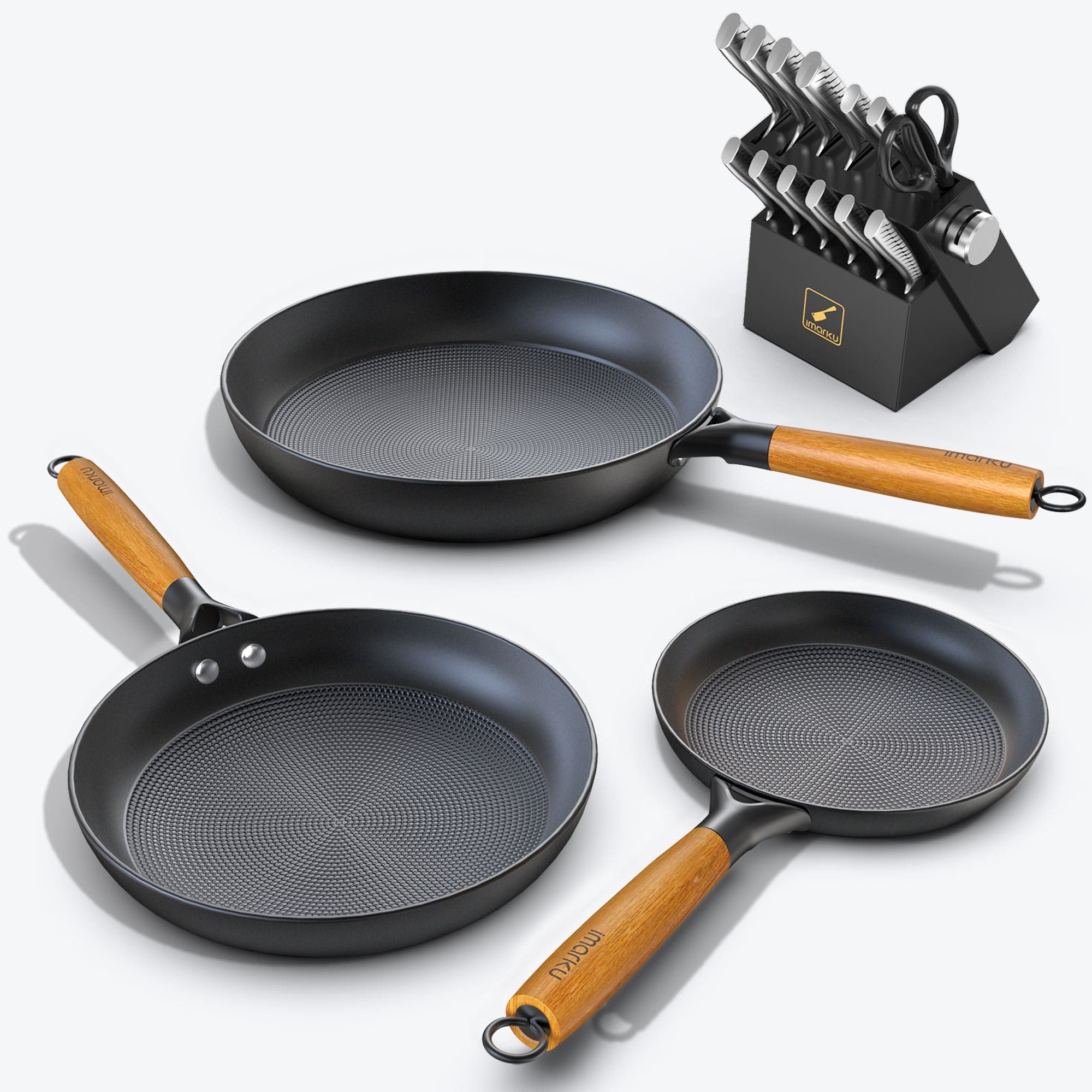 wooden handle and black knife set with lighting pattern