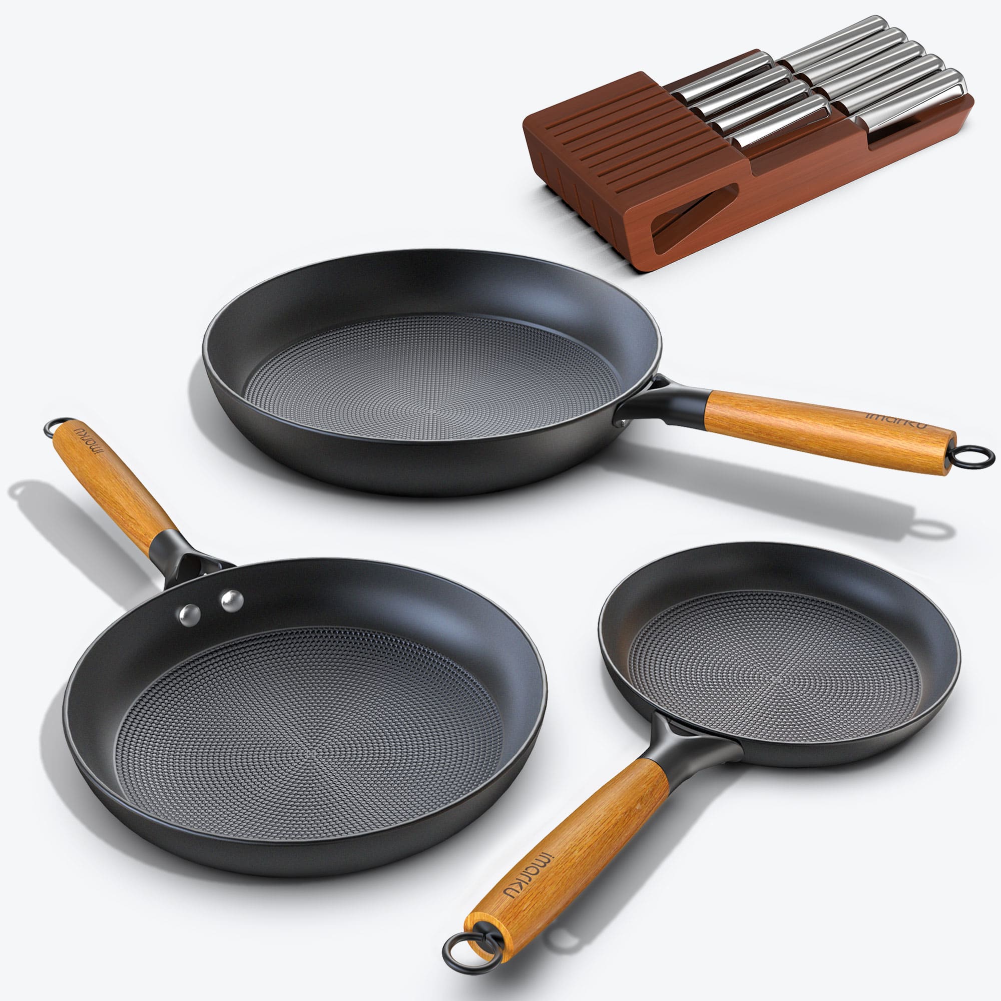 Imarku three-pieces wooden handle frying pans and drawer knife set