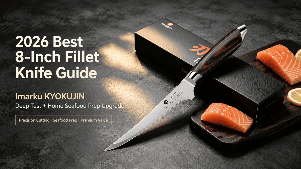 2026 Best 8‑Inch Fillet Knife Guide blog cover, Imarku KYOKUJIN fillet knife with gift box and fresh salmon