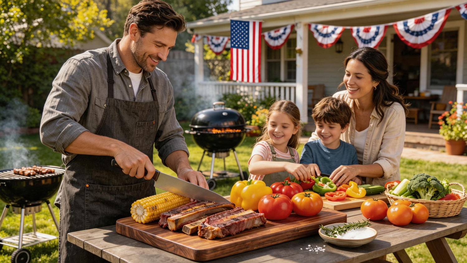Family Fourth of July backyard BBQ prep with chef knife