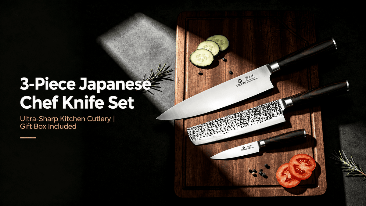 3‑Piece Japanese chef knife set blog cover, dark luxury kitchen styling