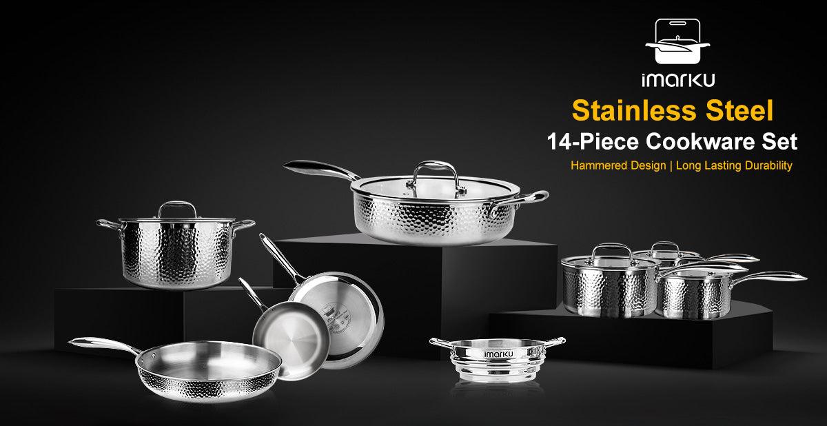 imarku Stainless Steel Pots and Pans Set, 14-Piece Tri-Ply Hammered  Stainless Steel Cookware Set, Professional Induction Kitchen Cookware Sets,  Oven