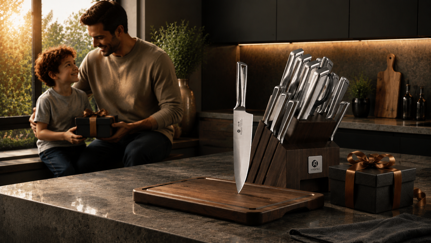 Father’s Day gift Imarku kitchen knife set with father and kid holding present in warm kitchen